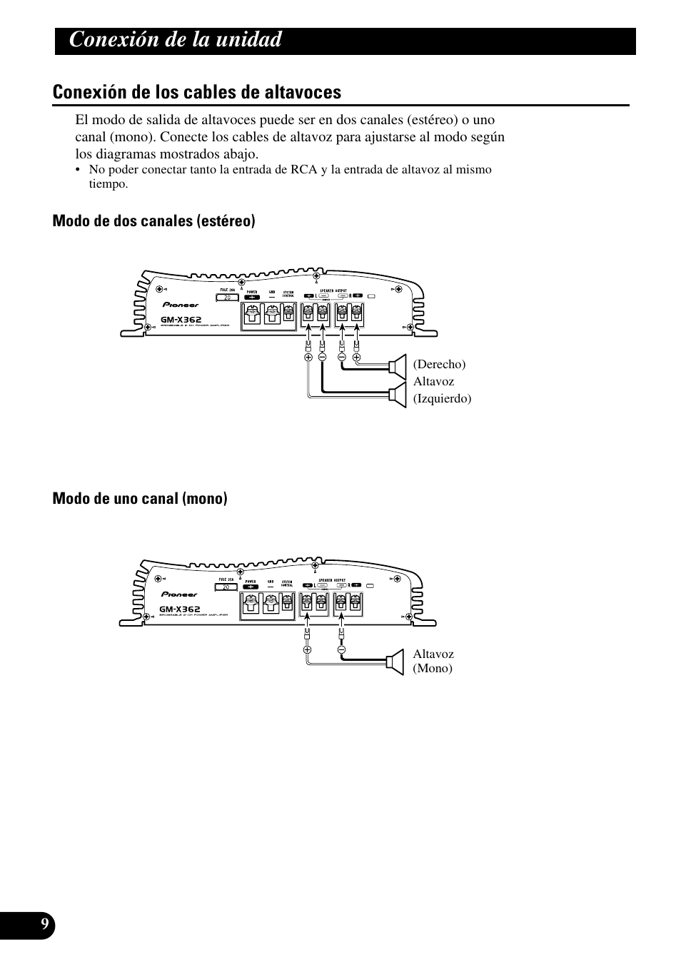 Conexión de los cables de altavoces, Conexión de la unidad | Pioneer GM-X362 User Manual | Page 22 / 76