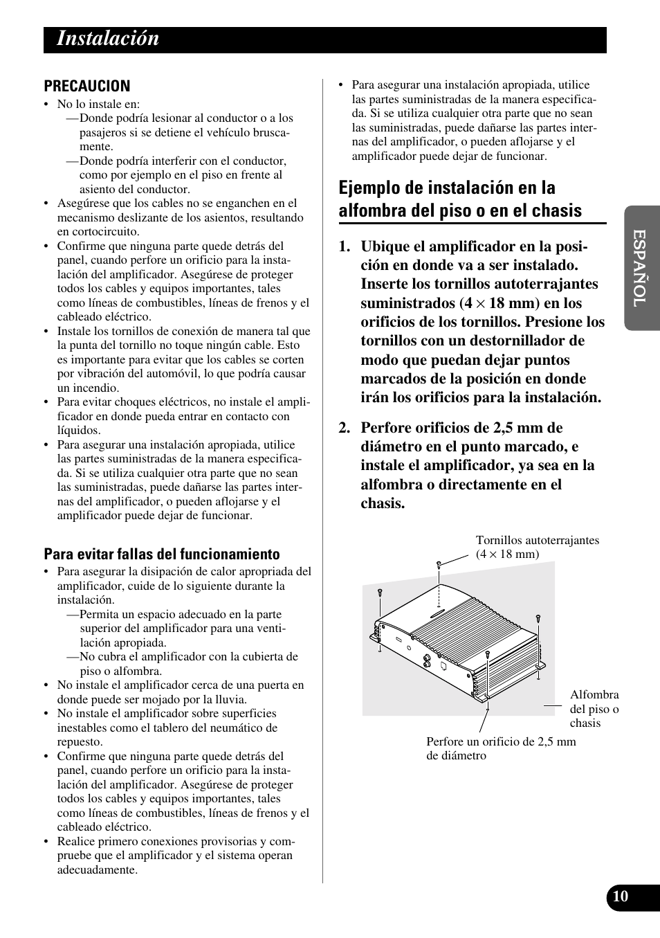 Instalación, Ejemplo de instalación en la alfombra, Del piso o en el chasis | Pioneer GM-X362 User Manual | Page 23 / 76