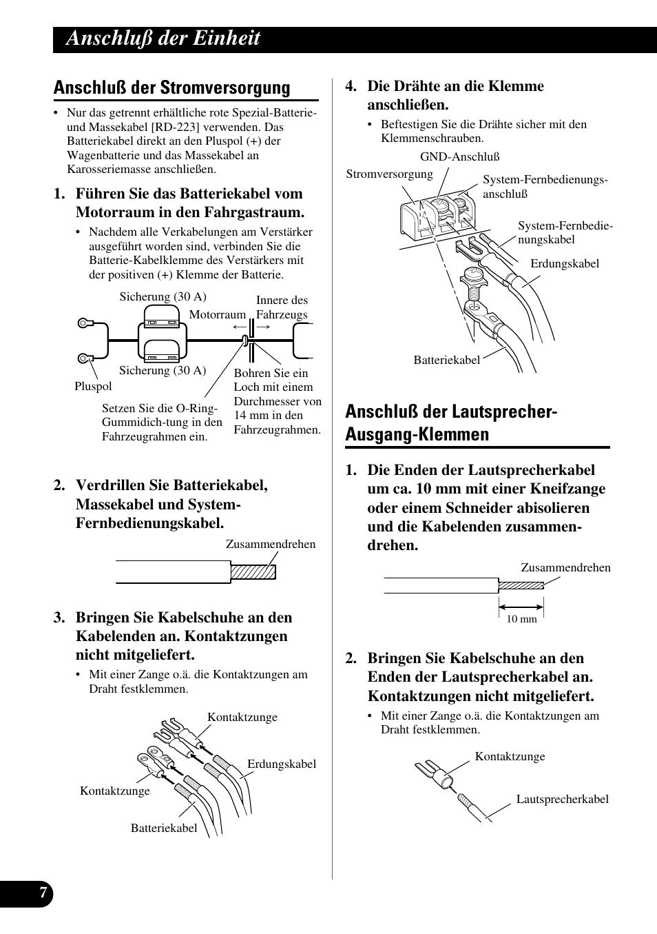 Klemmen, Anschluß der einheit, Anschluß der stromversorgung | Anschluß der lautsprecher- ausgang-klemmen | Pioneer GM-X362 User Manual | Page 32 / 76