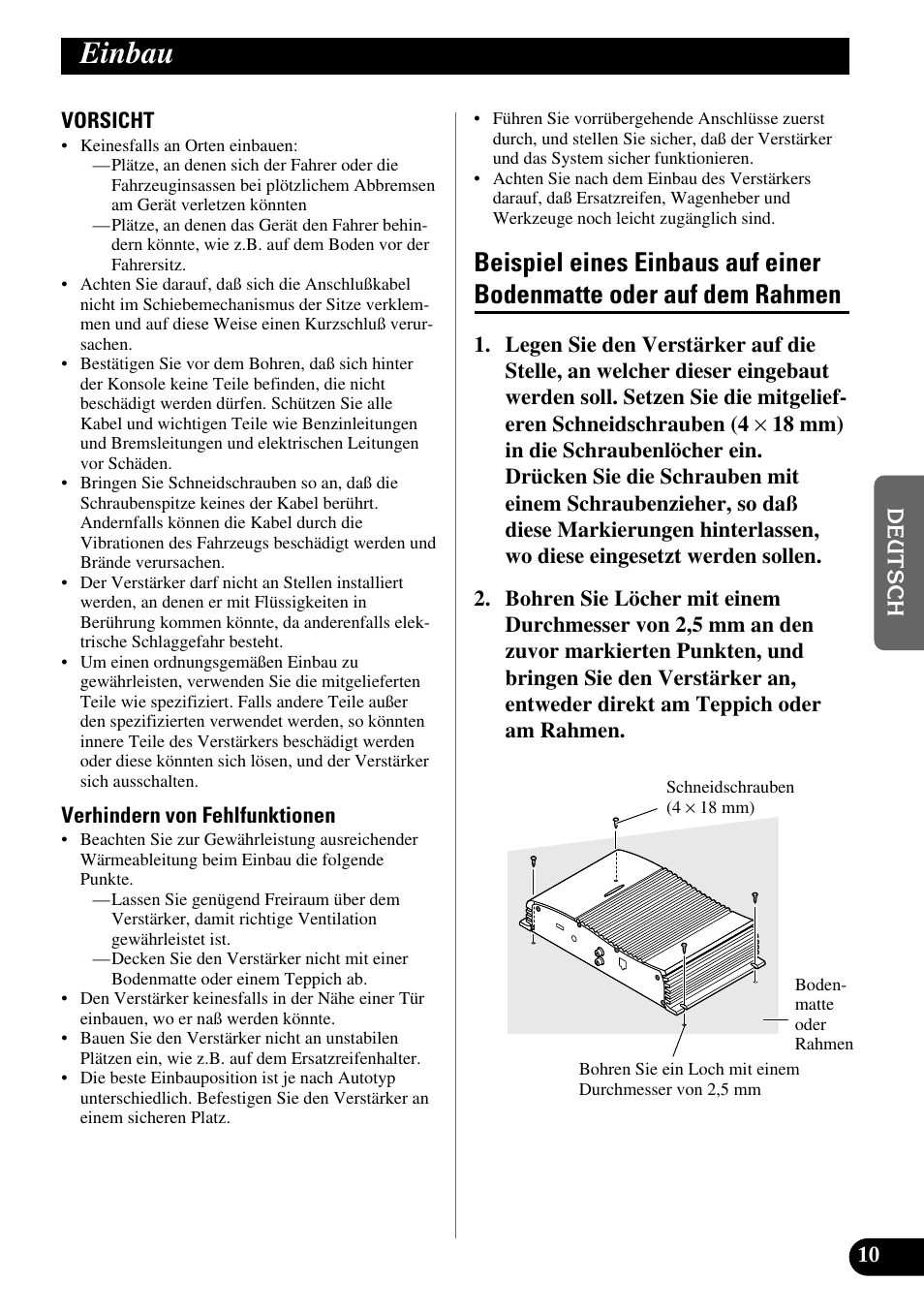 Einbau, Beispiel eines einbaus auf einer, Bodenmatte oder auf dem rahmen | Pioneer GM-X362 User Manual | Page 35 / 76