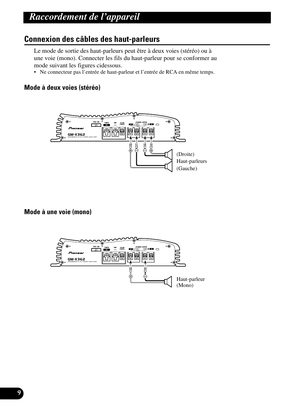 Connexion des câbles des haut-parleurs, Raccordement de l’appareil | Pioneer GM-X362 User Manual | Page 46 / 76