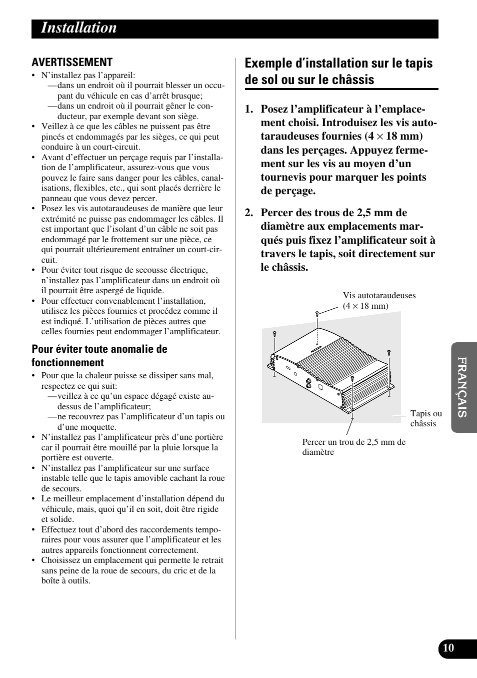 Installation, Exemple d’installation sur le tapis de sol, Ou sur le châssis | Pioneer GM-X362 User Manual | Page 47 / 76