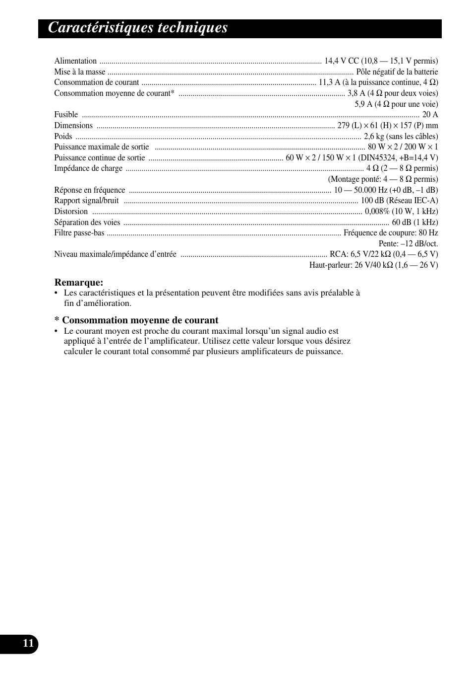 Caractéristiques techniques | Pioneer GM-X362 User Manual | Page 48 / 76