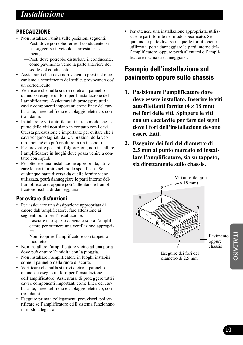 Installazione, Esempio dell’installazione sul pavimento, Oppure sullo chassis | Pioneer GM-X362 User Manual | Page 59 / 76