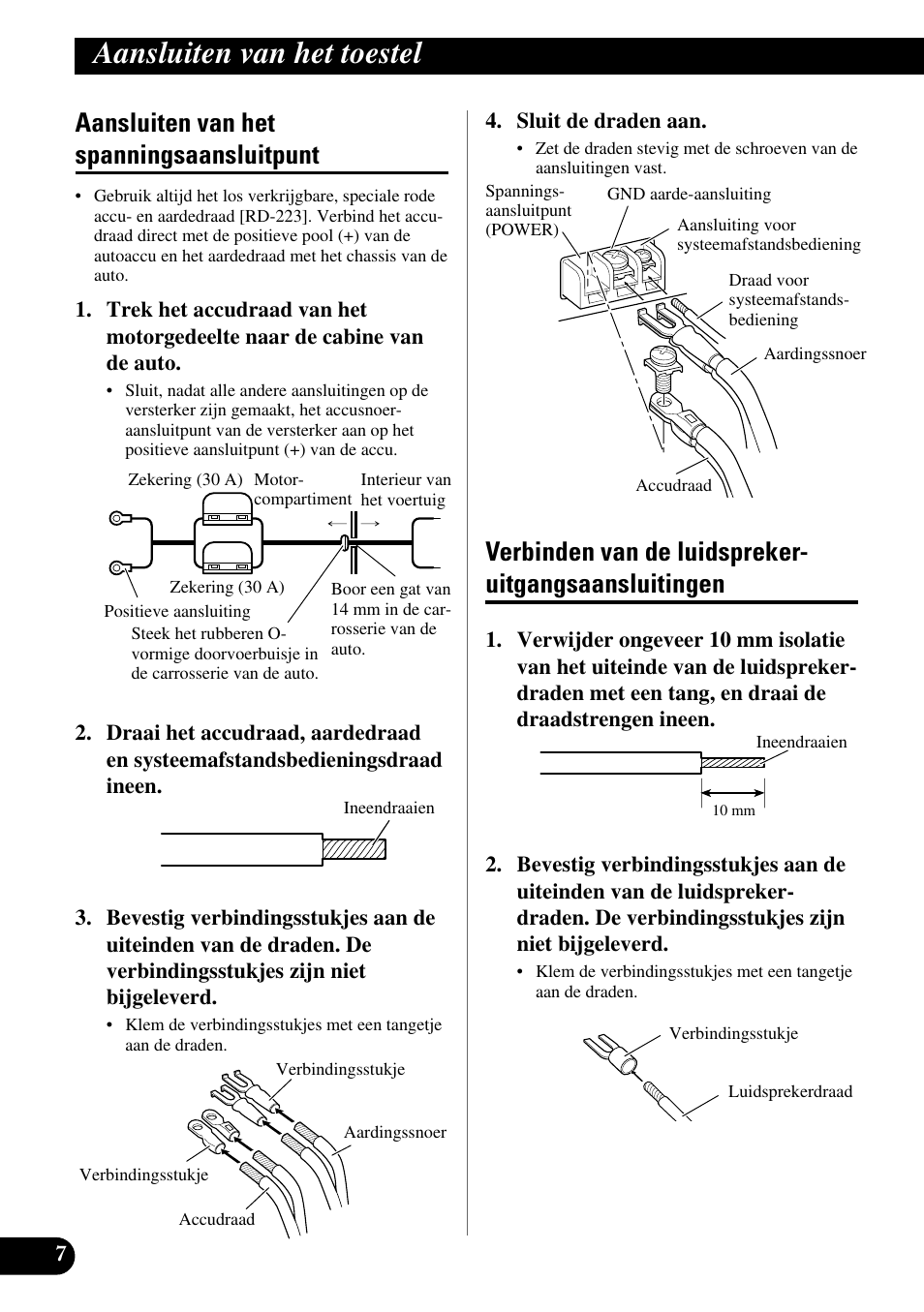 Uitgangsaansluitingen, Aansluiten van het toestel, Aansluiten van het spanningsaansluitpunt | Pioneer GM-X362 User Manual | Page 68 / 76