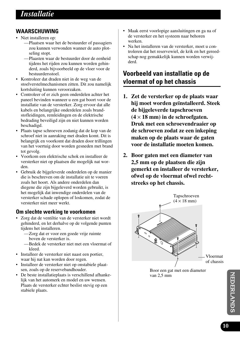 Installatie, Voorbeeld van installatie op de vloermat of, Op het chassis | Pioneer GM-X362 User Manual | Page 71 / 76