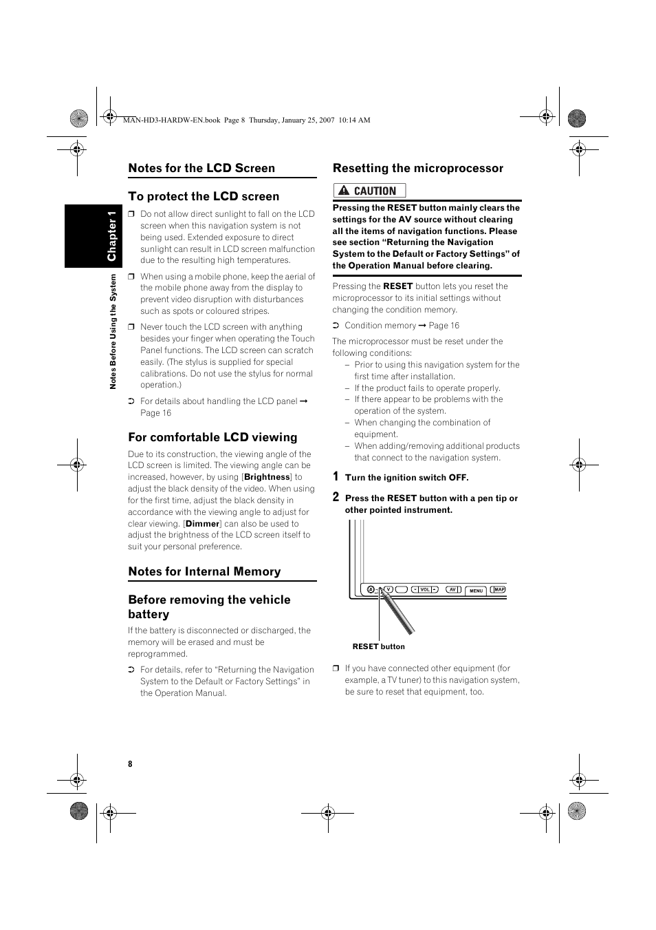 For comfortable lcd viewing, Resetting the microprocessor | Pioneer AVIC-HD3 User Manual | Page 10 / 24