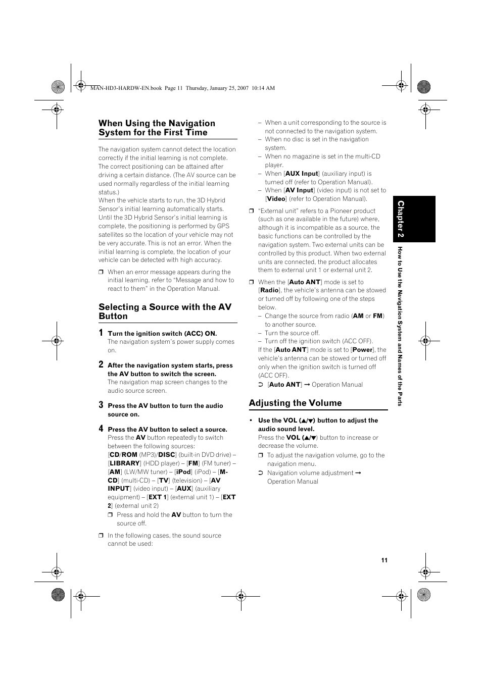 Selecting a source with the av button, Adjusting the volume | Pioneer AVIC-HD3 User Manual | Page 13 / 24