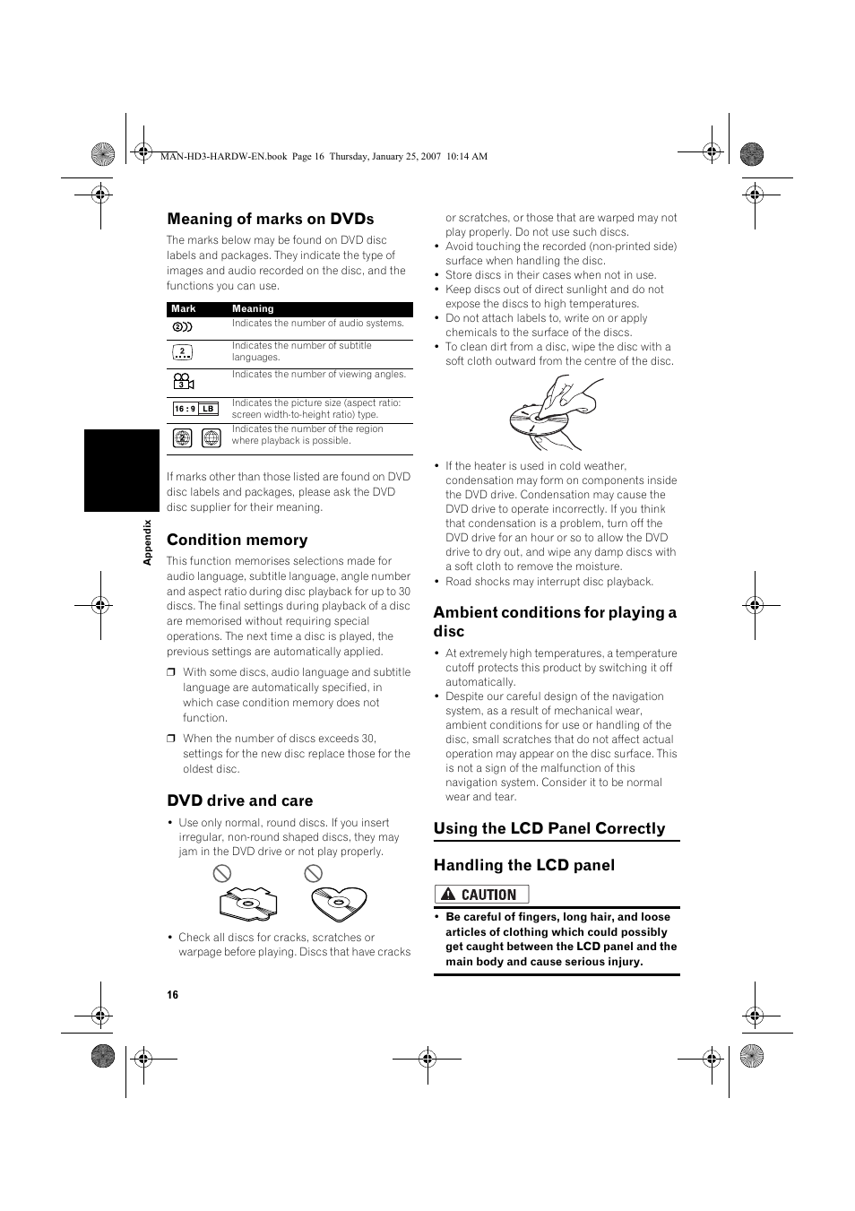 Meaning of marks on dvds, Dvd drive and care, Ambient conditions for playing a disc | Pioneer AVIC-HD3 User Manual | Page 18 / 24