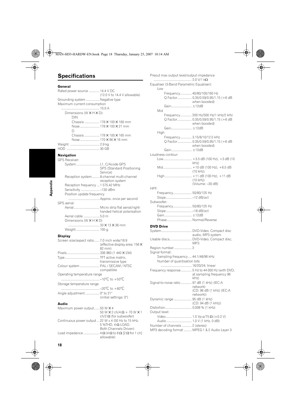 Specifications | Pioneer AVIC-HD3 User Manual | Page 20 / 24