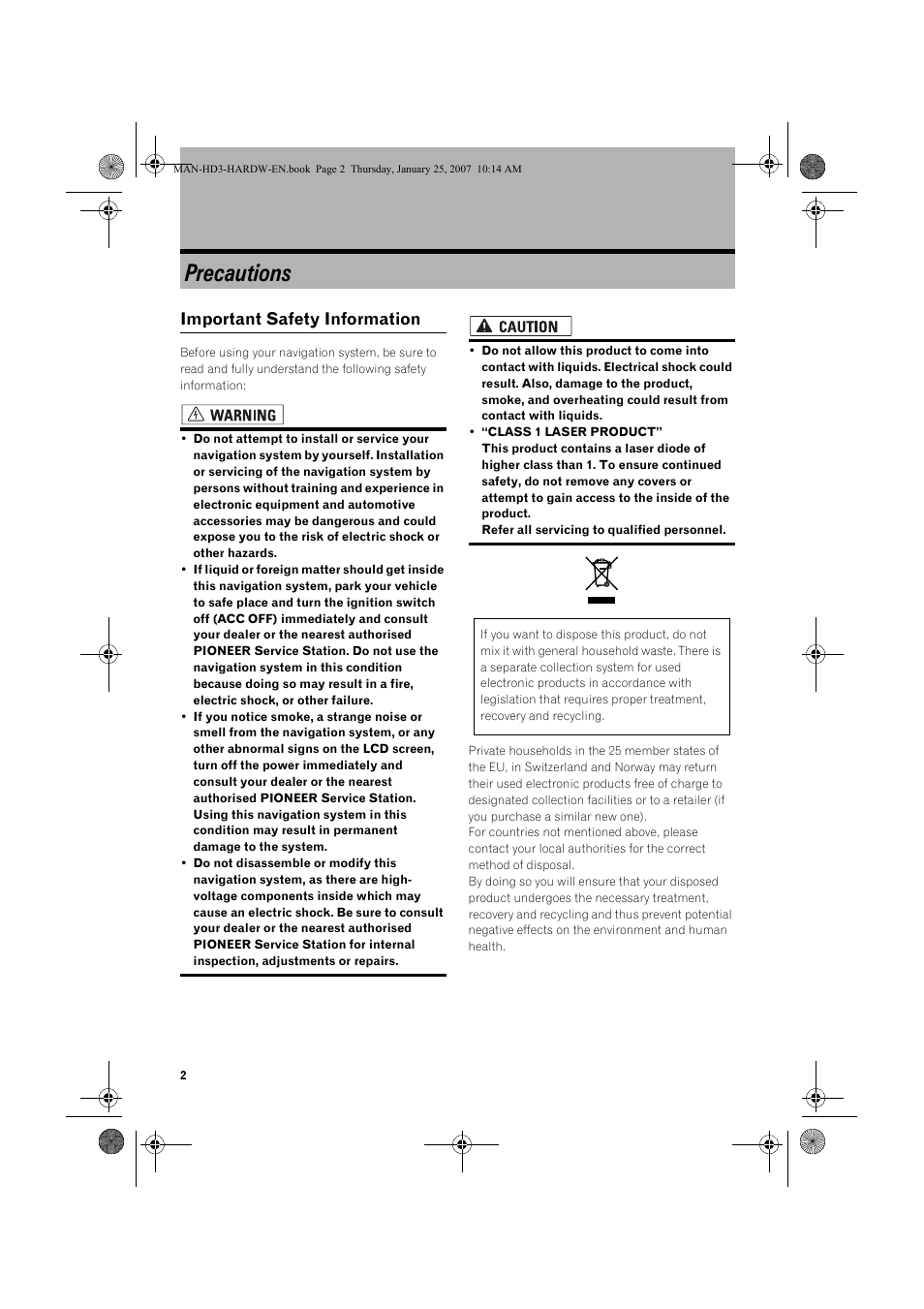 Precautions, Important safety information | Pioneer AVIC-HD3 User Manual | Page 4 / 24