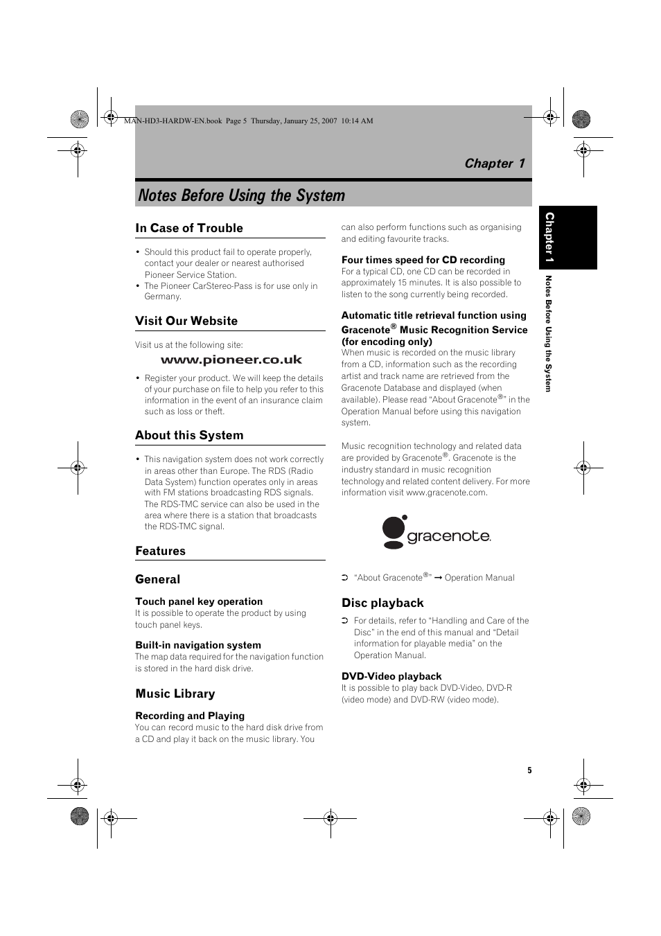 Chapter 1, Visit our website, About this system | Features general, Music library, Disc playback | Pioneer AVIC-HD3 User Manual | Page 7 / 24