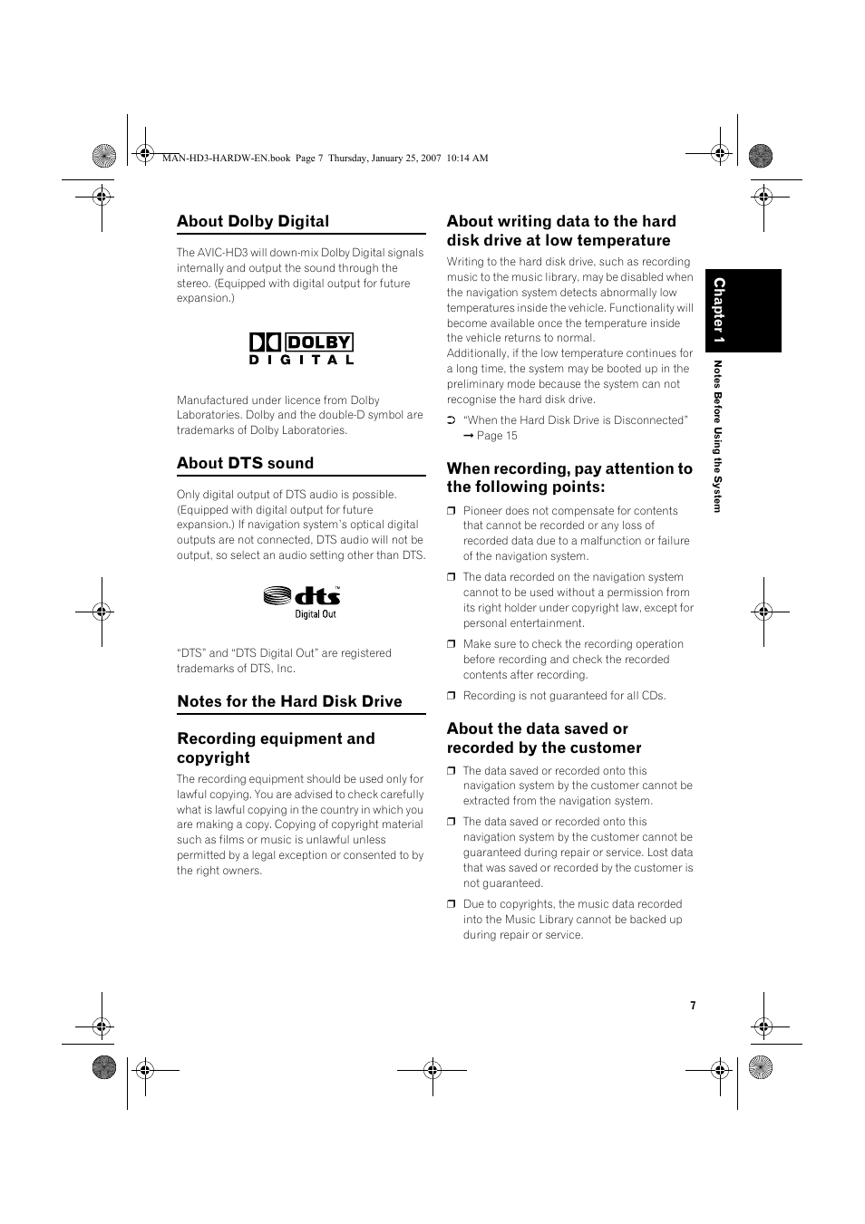 About dolby digital, About dts sound, About the data saved or recorded by the customer | Pioneer AVIC-HD3 User Manual | Page 9 / 24