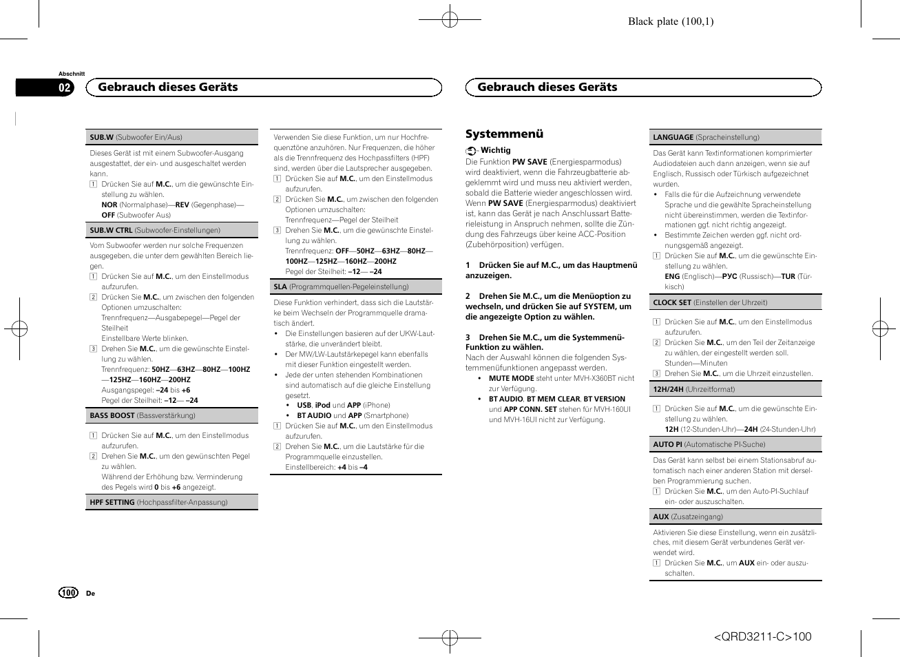 Sub.w (subwoofer, Ein/aus) auf seite 100, Systemmenü | Gebrauch dieses geräts | Pioneer MVH-160UI User Manual | Page 100 / 156