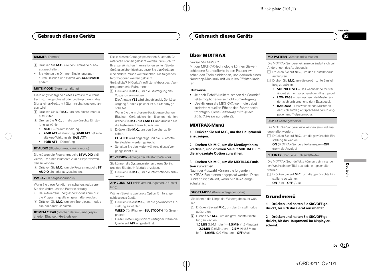 Über mixtrax, Grundmenü, Gebrauch dieses geräts | Pioneer MVH-160UI User Manual | Page 101 / 156