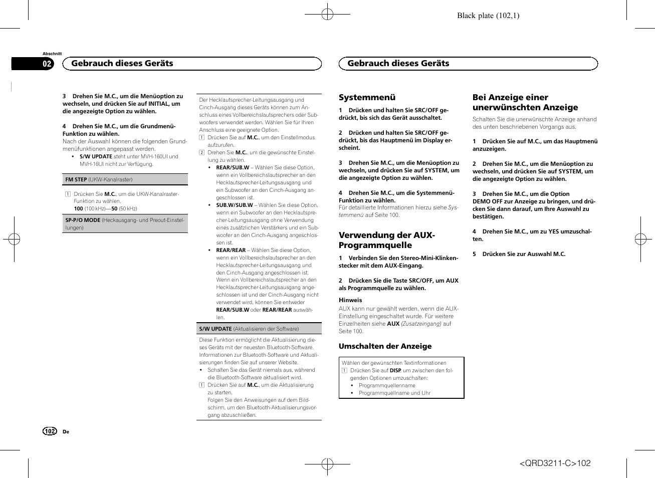 Sp-p/o mode (heckausgang, Und preout-einstellungen) auf seite 102, Sp-p/o mode (heckausgang- und | Preout-einstellungen) auf seite 102, Systemmenü, Verwendung der aux- programmquelle, Bei anzeige einer unerwünschten anzeige, Gebrauch dieses geräts | Pioneer MVH-160UI User Manual | Page 102 / 156