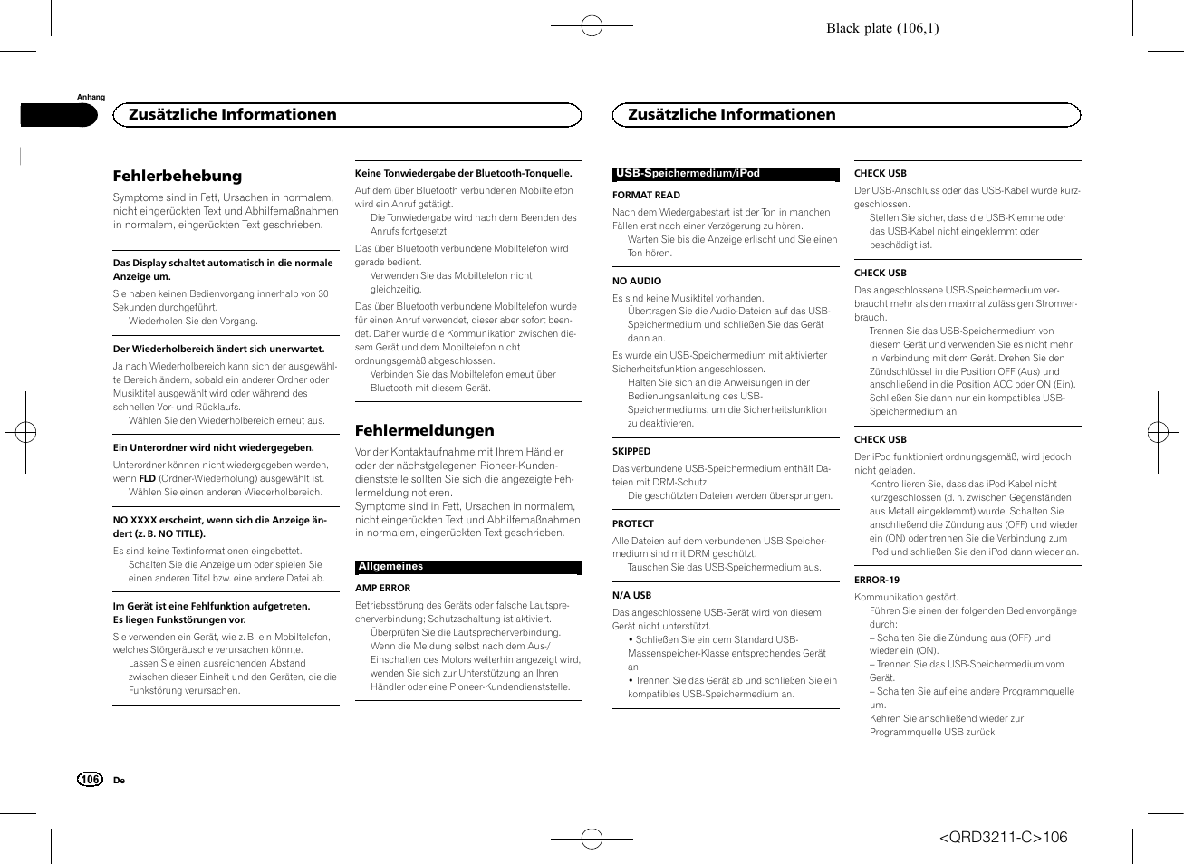 Fehlerbehebung, Fehlermeldungen, Zusätzliche informationen | Pioneer MVH-160UI User Manual | Page 106 / 156