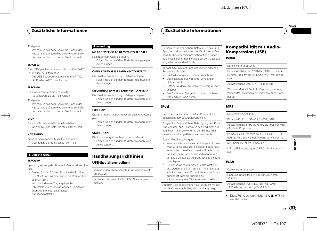 Handhabungsrichtlinien, Kompatibilität mit audio- kompression (usb), Zusätzliche informationen | Pioneer MVH-160UI User Manual | Page 107 / 156