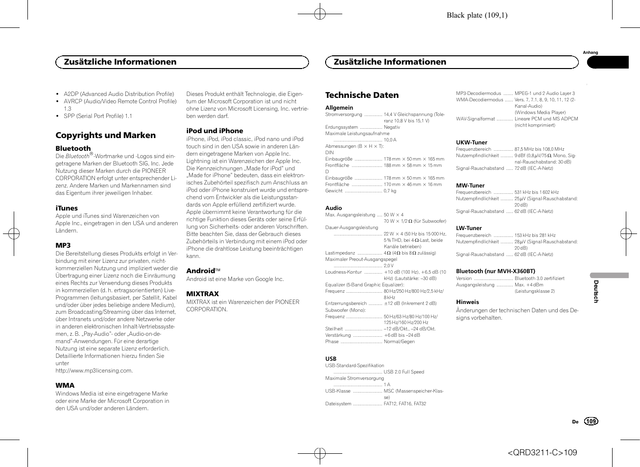 Copyrights und marken, Technische daten, Zusätzliche informationen | Pioneer MVH-160UI User Manual | Page 109 / 156