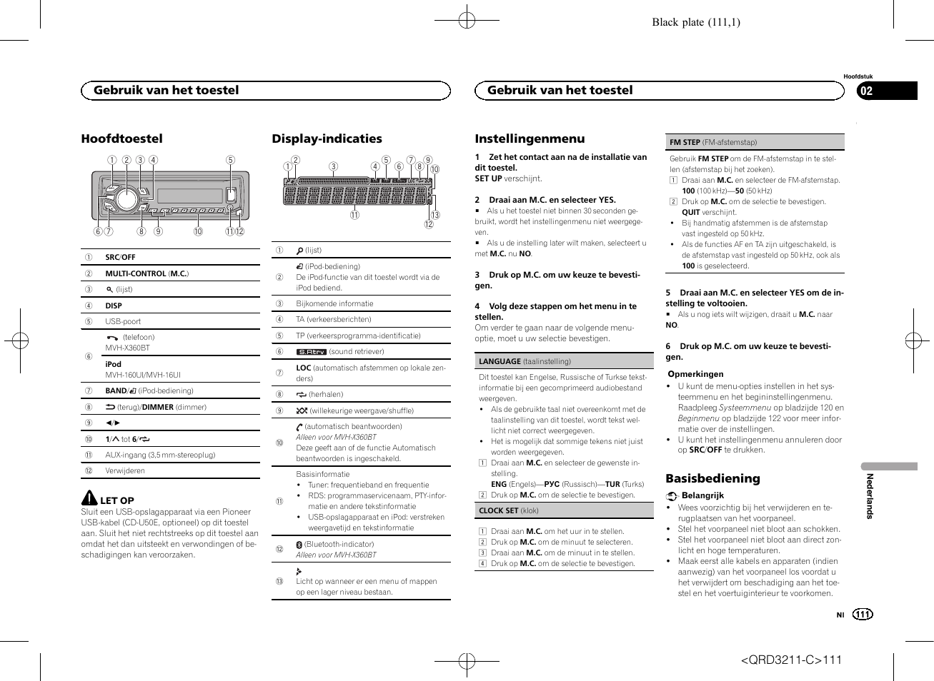 Hoofdtoestel, Display-indicaties, Instellingenmenu | Basisbediening, Gebruik van het toestel | Pioneer MVH-160UI User Manual | Page 111 / 156