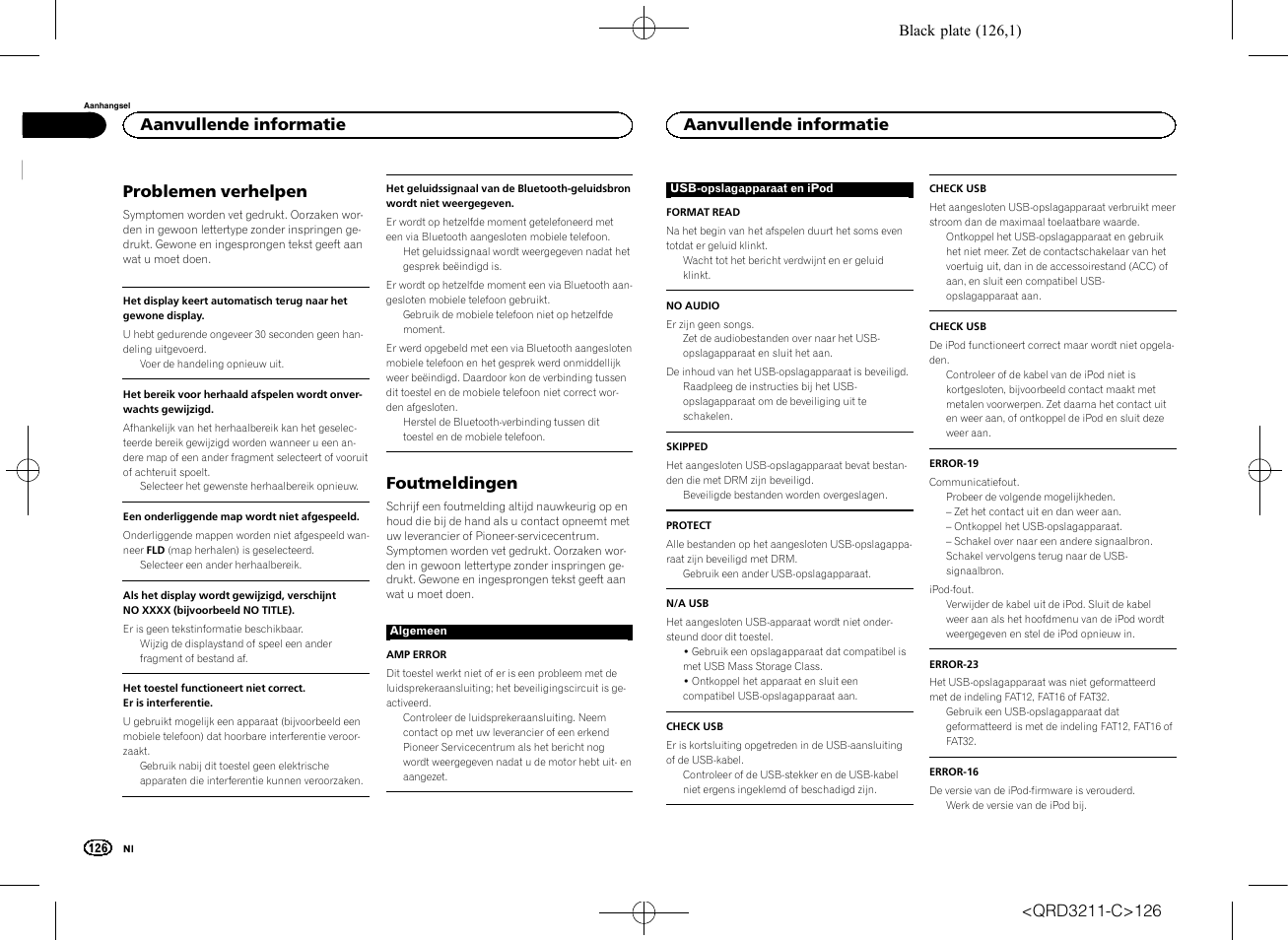 Problemen verhelpen, Foutmeldingen, Aanvullende informatie | Pioneer MVH-160UI User Manual | Page 126 / 156