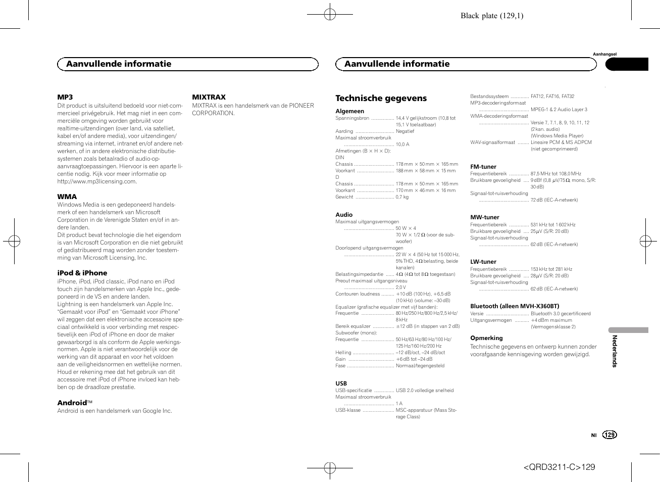 Technische gegevens, Aanvullende informatie | Pioneer MVH-160UI User Manual | Page 129 / 156