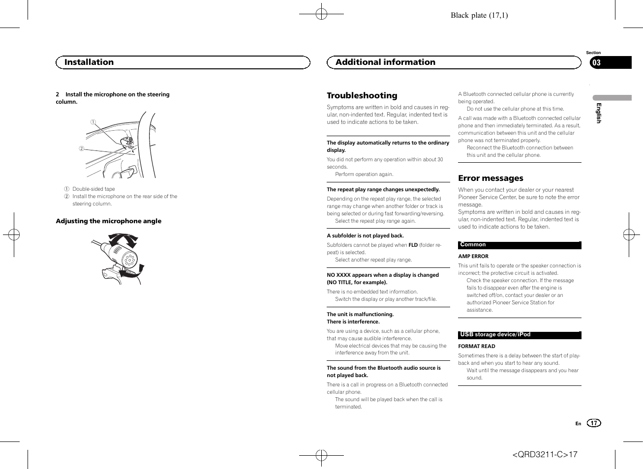 Troubleshooting, Error messages, Installation | Additional information | Pioneer MVH-160UI User Manual | Page 17 / 156