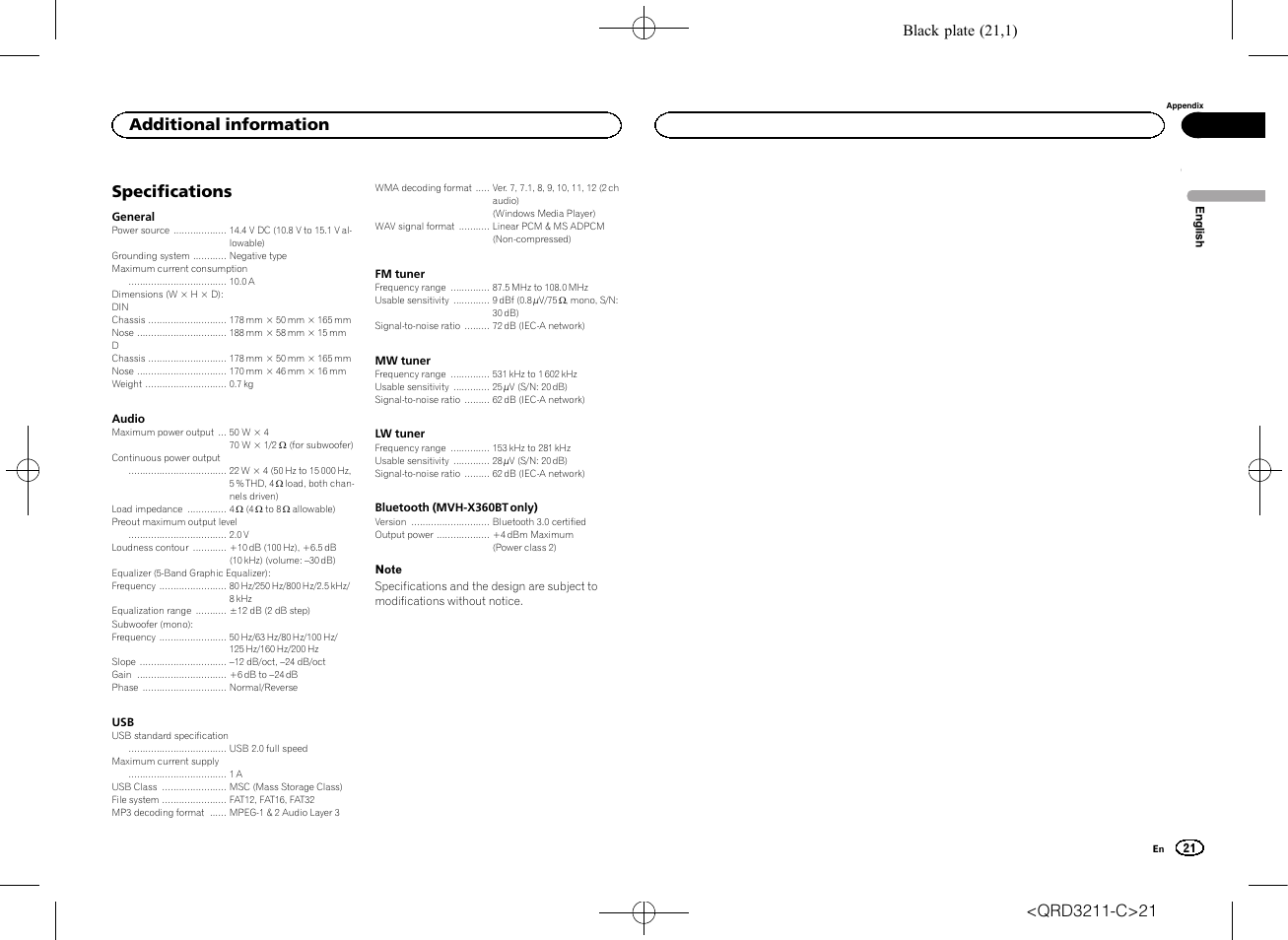 Specifications, Additional information, Black plate (21,1) | Pioneer MVH-160UI User Manual | Page 21 / 156