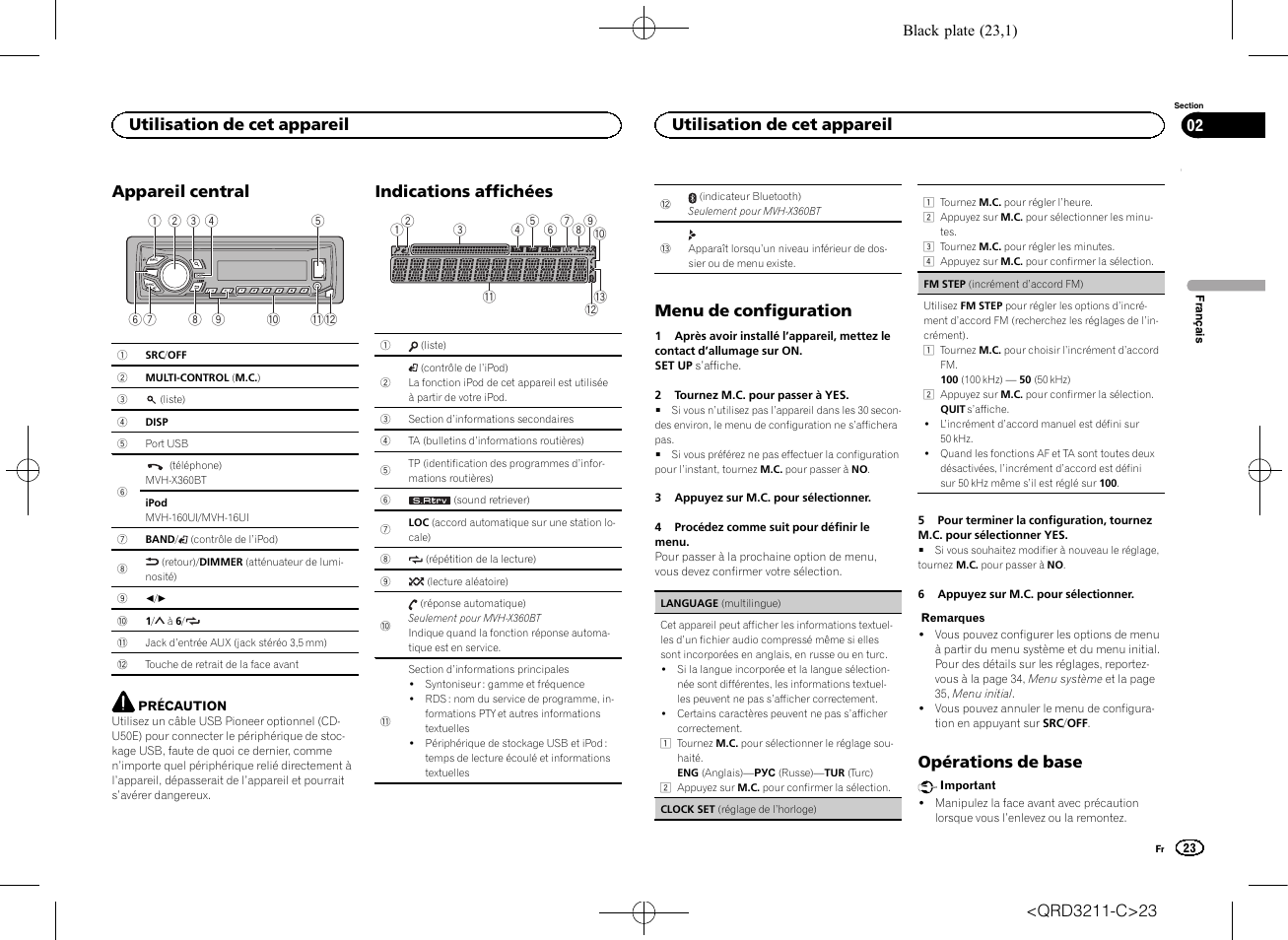 Appareil central, Indications affichées, Menu de configuration | Opérations de base, Utilisation de cet appareil | Pioneer MVH-160UI User Manual | Page 23 / 156