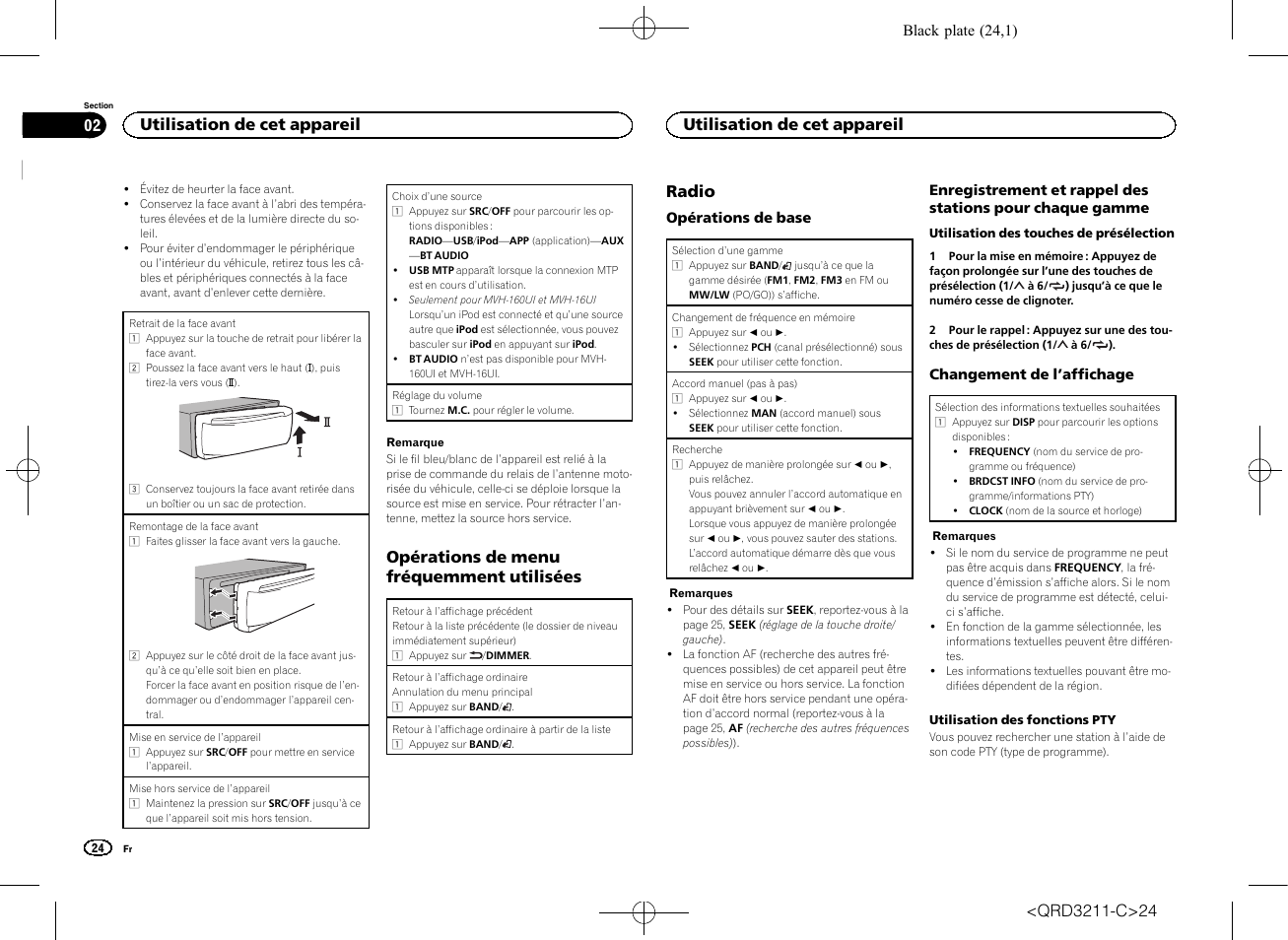 Opérations de menu fréquemment utilisées, Radio, Utilisation de cet appareil | Pioneer MVH-160UI User Manual | Page 24 / 156