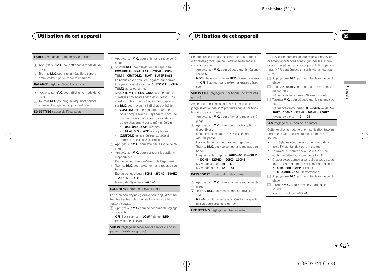Sub.w (ré, Glage en service/hors service du haut-parleur d, Extrêmes graves) | Utilisation de cet appareil | Pioneer MVH-160UI User Manual | Page 33 / 156