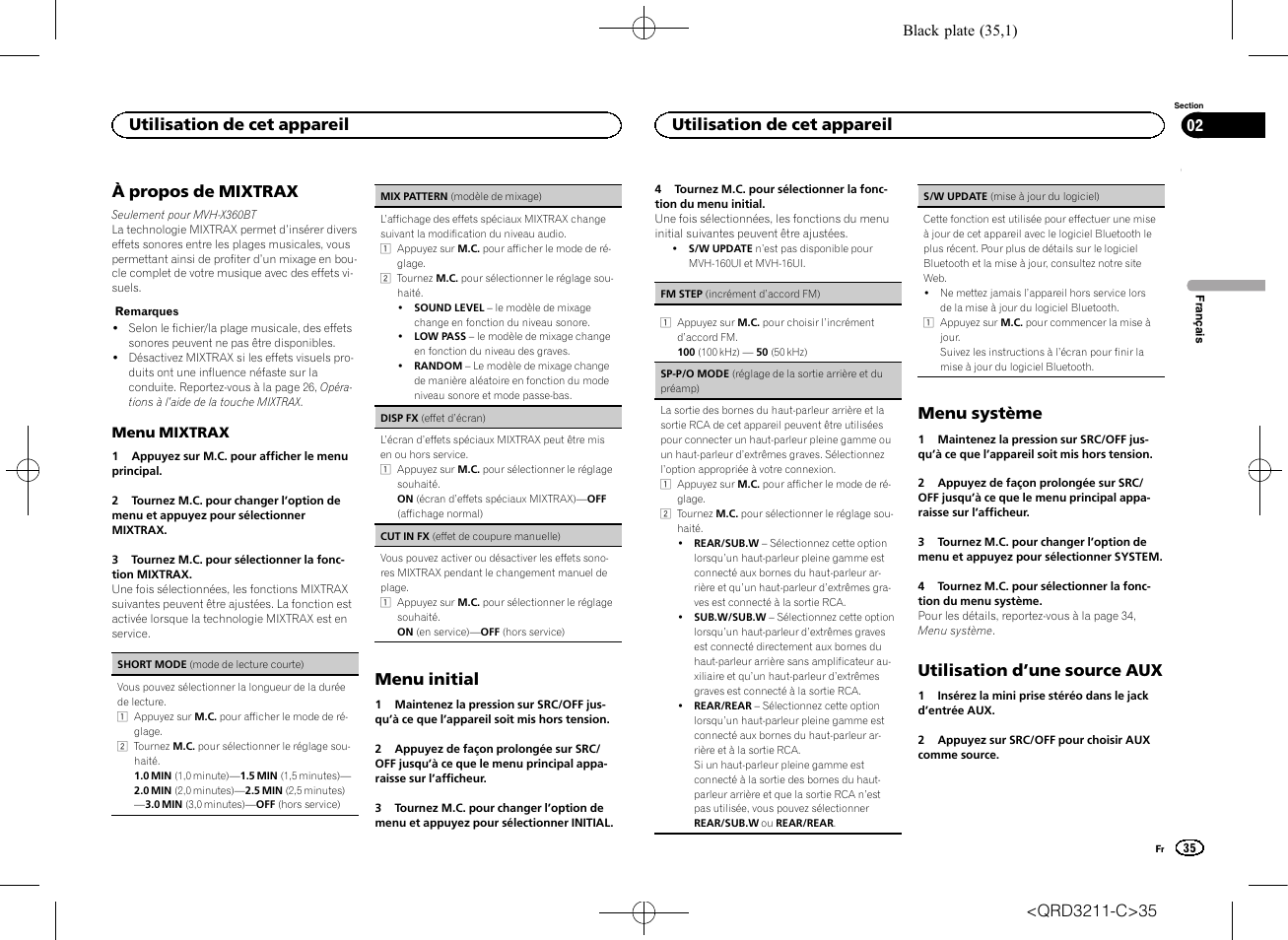 Sp-p/o mode (réglage de la sor, Tie arrière et du préamp), Sp-p/o mode (réglage | De la sortie arrière et du préamp), À propos de mixtrax, Menu initial, Menu système, Utilisation d ’une source aux, Utilisation de cet appareil | Pioneer MVH-160UI User Manual | Page 35 / 156