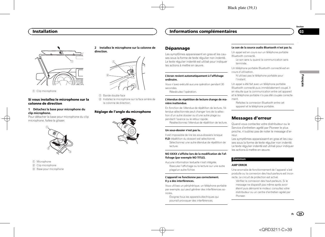 Dépannage, Messages d ’erreur, Installation | Informations complémentaires | Pioneer MVH-160UI User Manual | Page 39 / 156