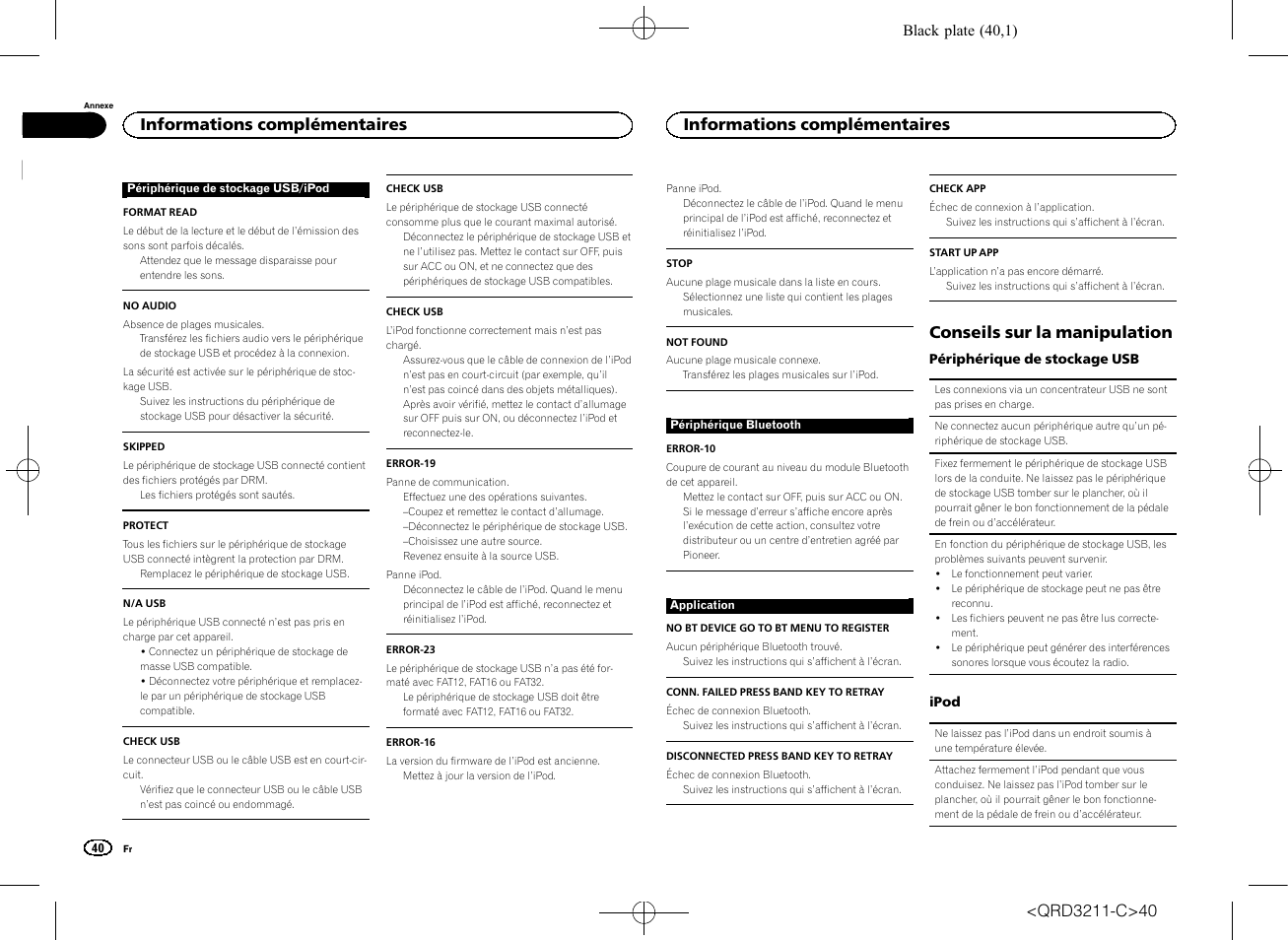 Conseils sur la manipulation, Informations complémentaires | Pioneer MVH-160UI User Manual | Page 40 / 156