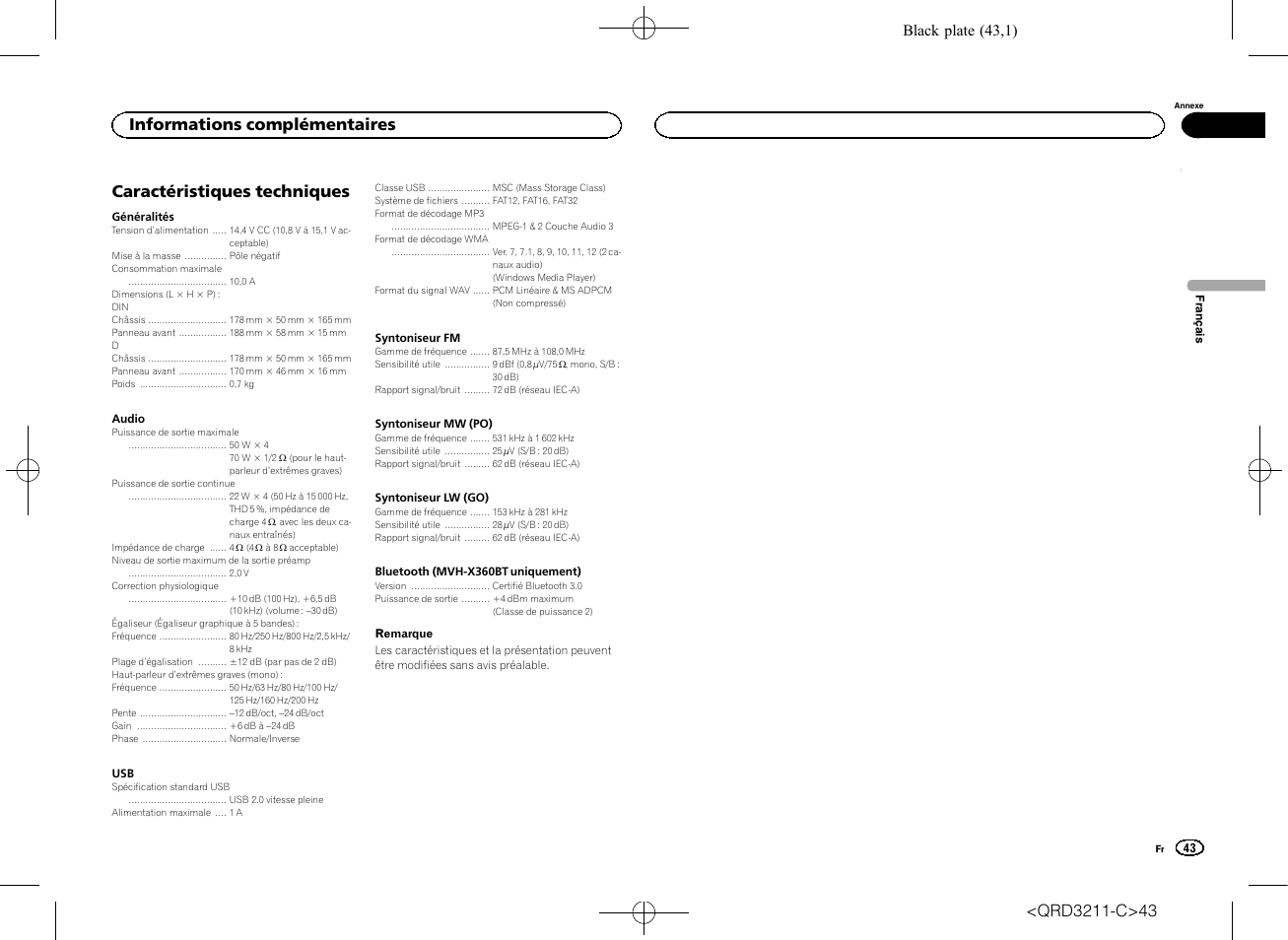 Caractéristiques techniques, Informations complémentaires, Black plate (43,1) | Pioneer MVH-160UI User Manual | Page 43 / 156