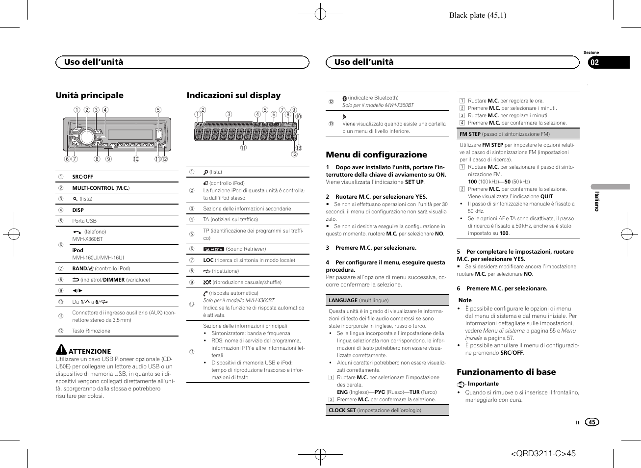 Unità principale, Indicazioni sul display, Menu di configurazione | Funzionamento di base, Uso dell ’unità | Pioneer MVH-160UI User Manual | Page 45 / 156