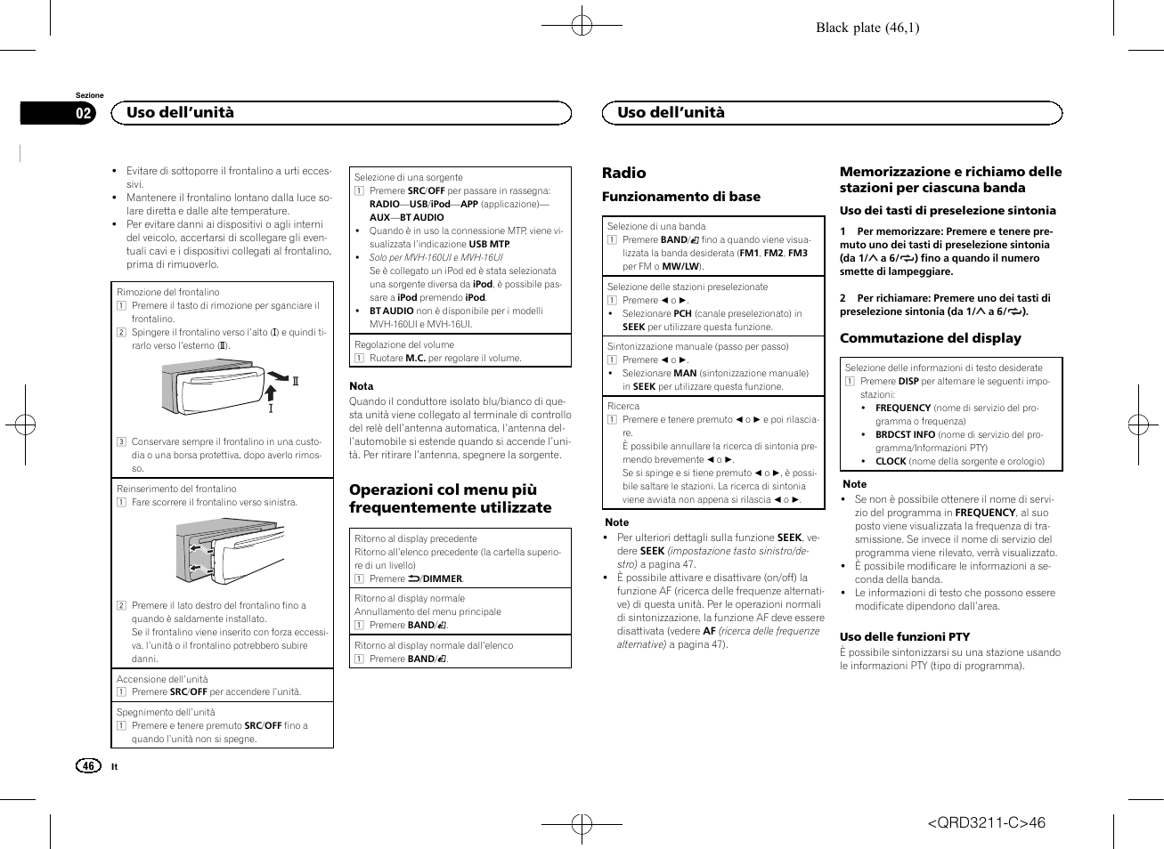 Operazioni col menu più frequentemente utilizzate, Radio, Uso dell ’unità | Pioneer MVH-160UI User Manual | Page 46 / 156