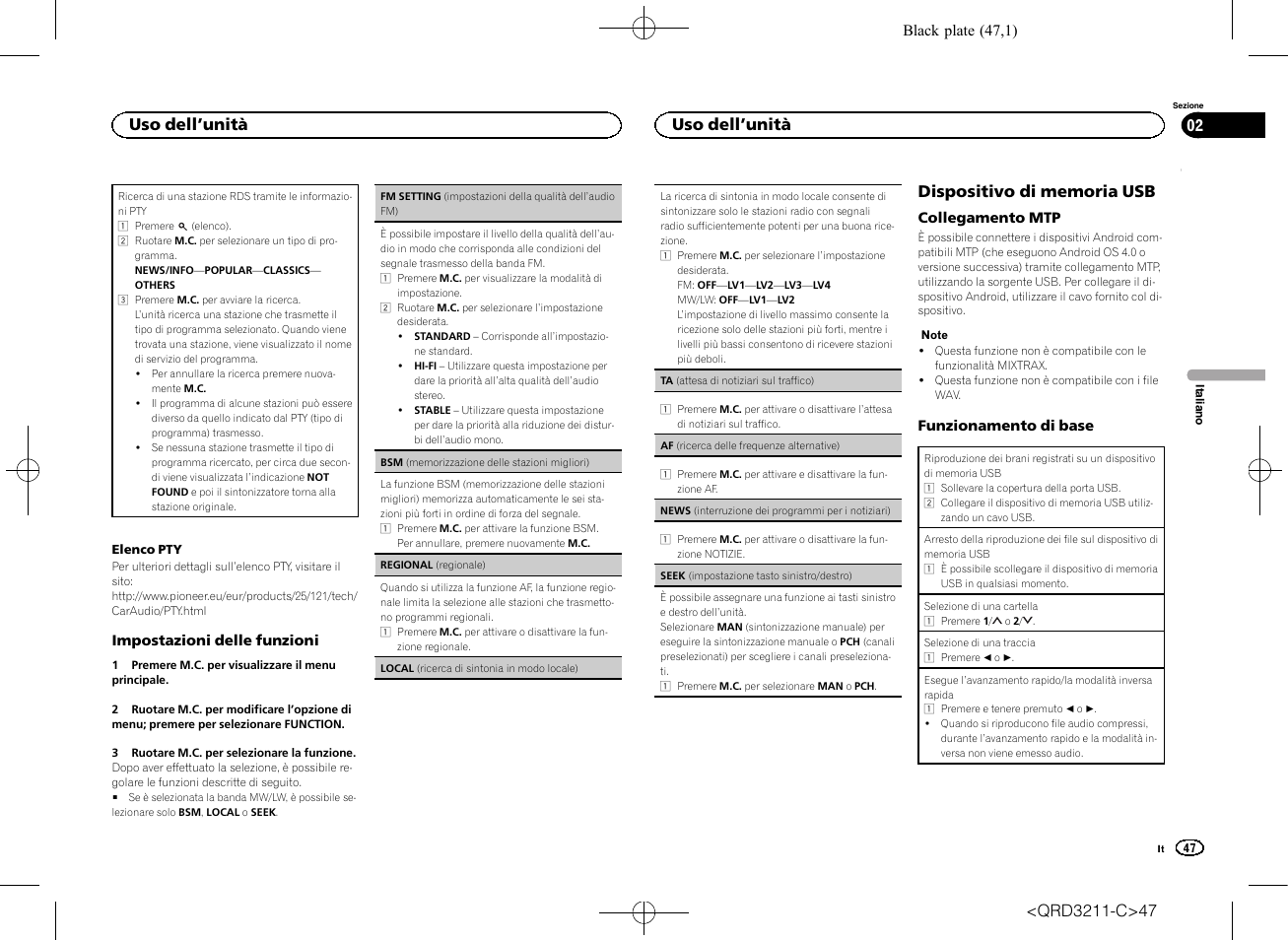 Seek (impostazione tasto sinistro/de, Af (ricerca delle frequenze, Uso dell ’unità | Pioneer MVH-160UI User Manual | Page 47 / 156