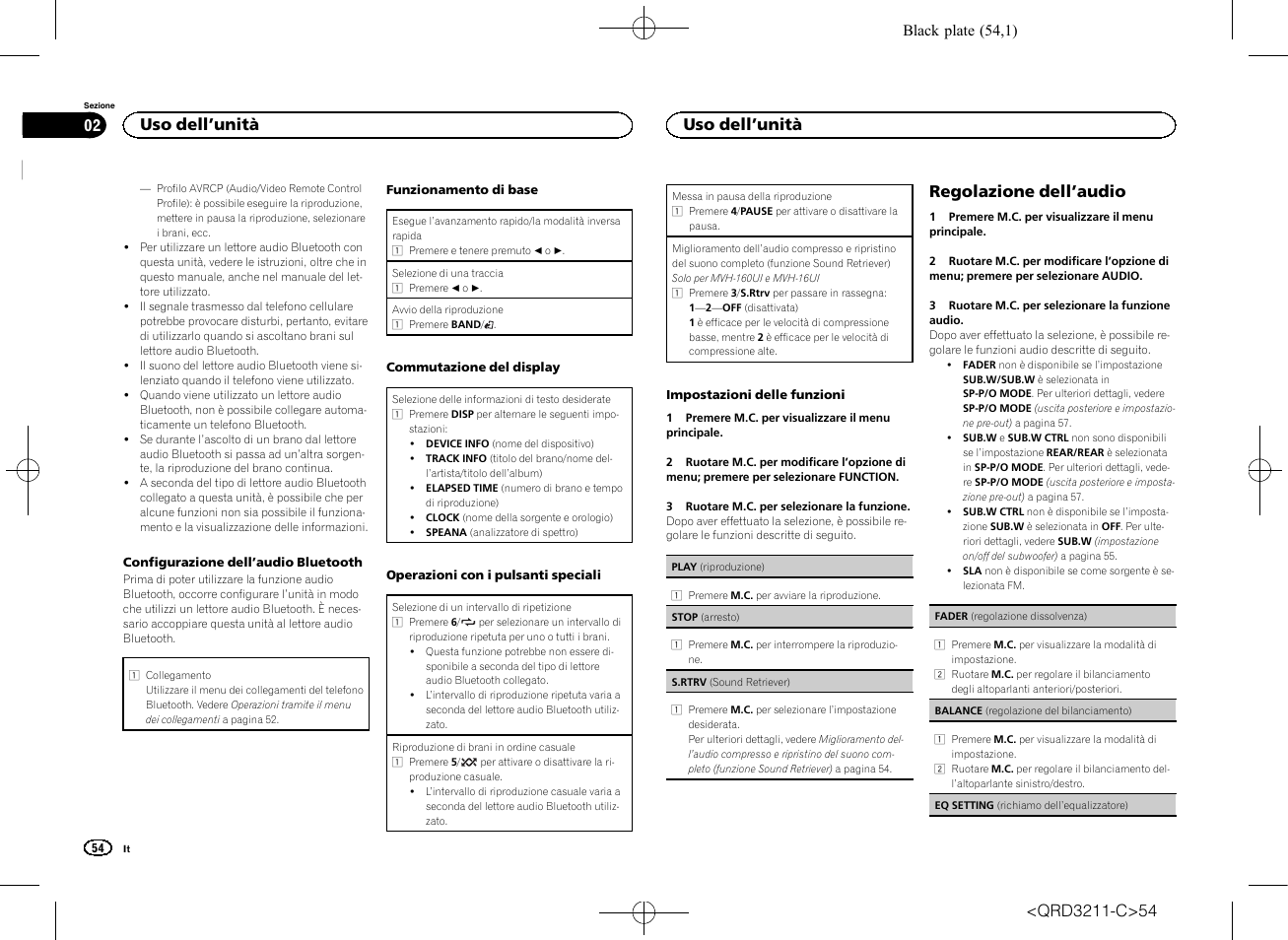Regolazione dell ’audio, Uso dell ’unità | Pioneer MVH-160UI User Manual | Page 54 / 156