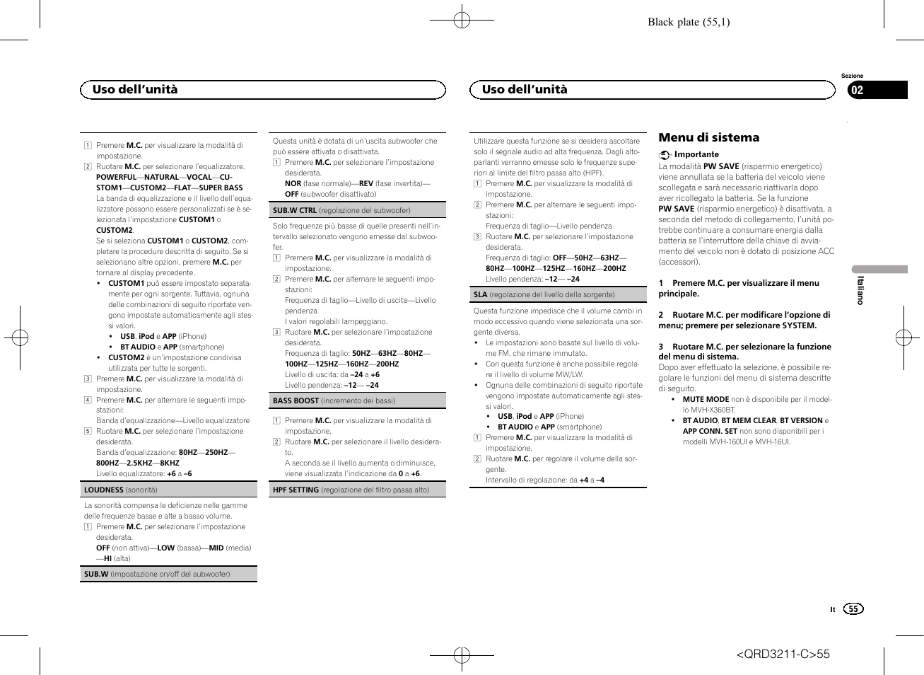 Sub.w (impostazione, Menu di sistema, Uso dell ’unità | Pioneer MVH-160UI User Manual | Page 55 / 156