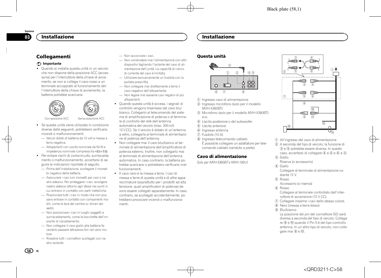 Collegamenti, Installazione | Pioneer MVH-160UI User Manual | Page 58 / 156