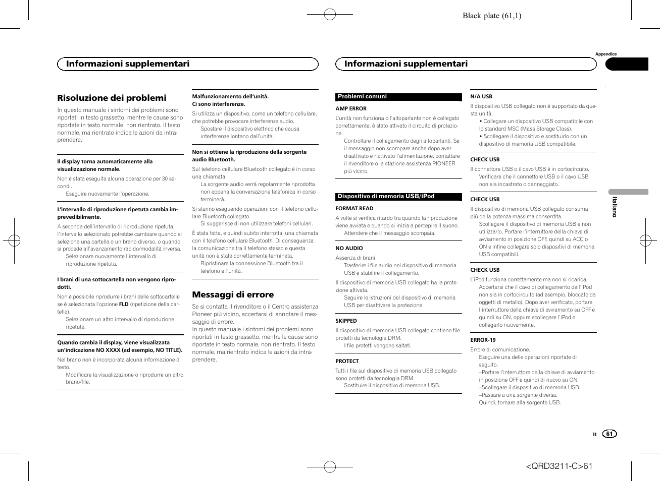 Risoluzione dei problemi, Messaggi di errore, Informazioni supplementari | Pioneer MVH-160UI User Manual | Page 61 / 156
