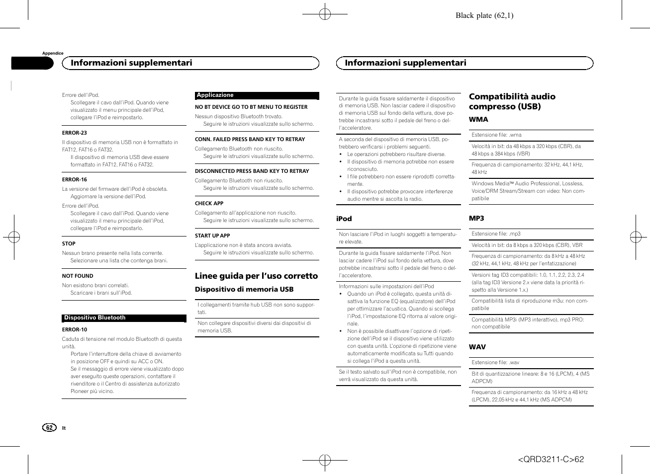 Linee guida per l ’uso corretto, Compatibilità audio compresso (usb), Informazioni supplementari | Pioneer MVH-160UI User Manual | Page 62 / 156