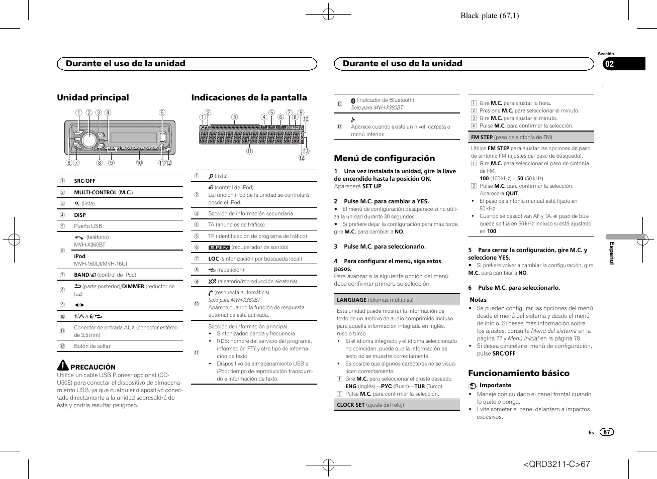 Unidad principal, Indicaciones de la pantalla, Menú de configuración | Funcionamiento básico, Durante el uso de la unidad | Pioneer MVH-160UI User Manual | Page 67 / 156