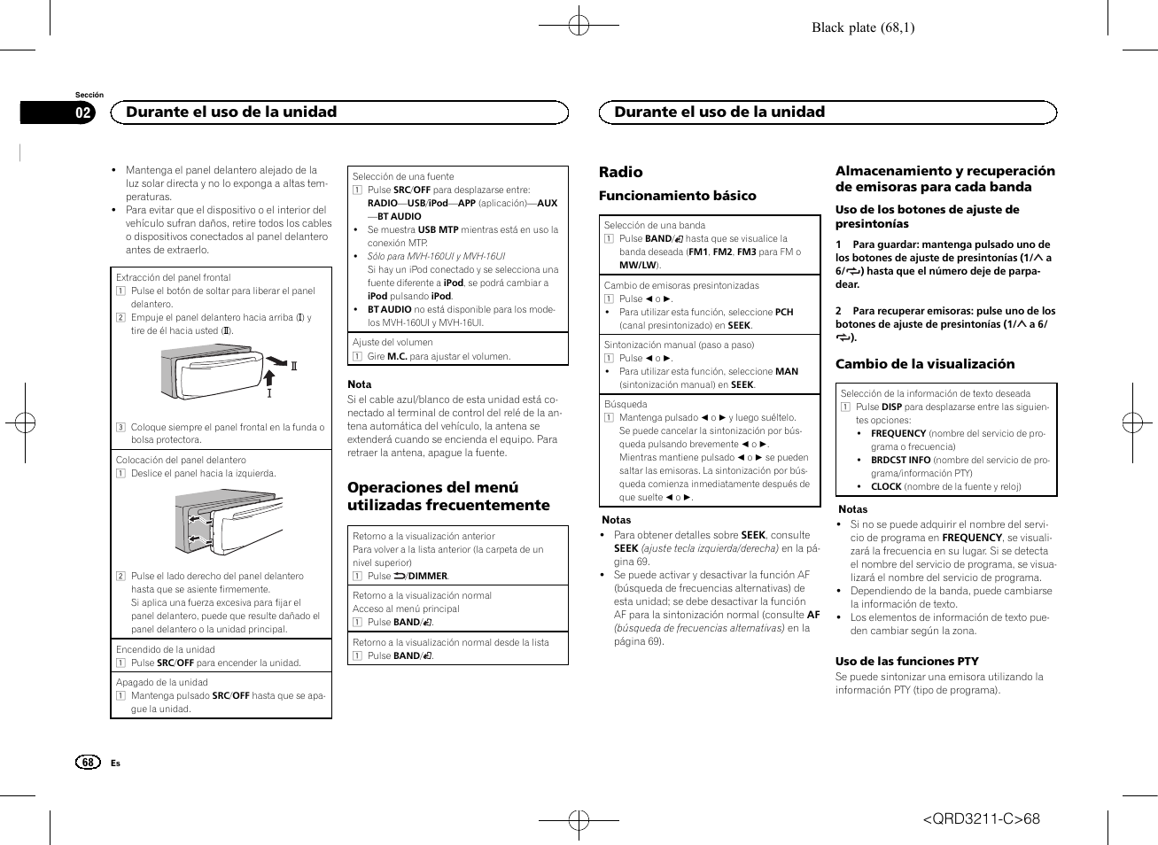 Operaciones del menú utilizadas frecuentemente, Radio, Durante el uso de la unidad | Pioneer MVH-160UI User Manual | Page 68 / 156