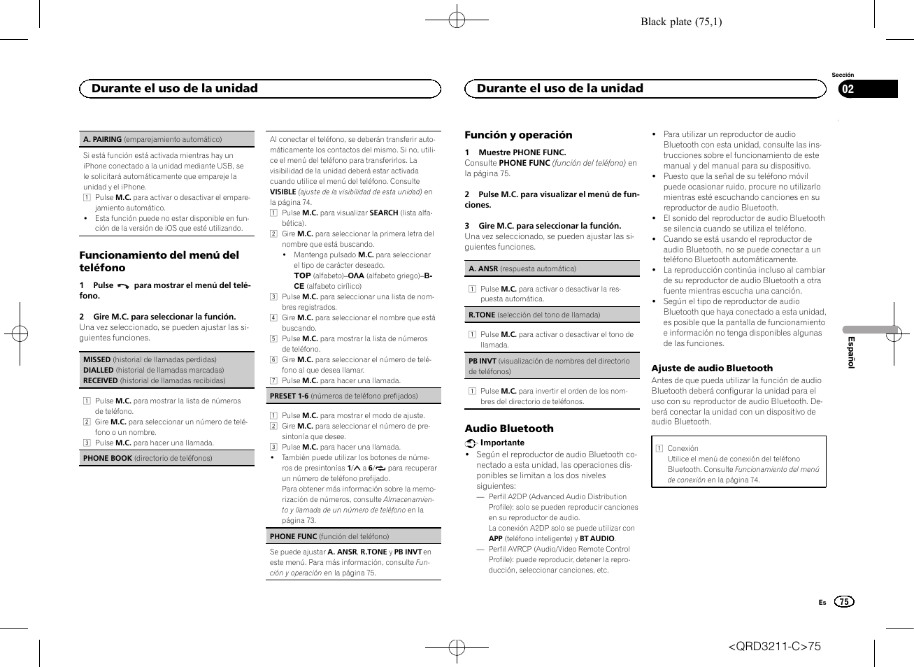 Funcionamiento del menú del teléfono, Durante el uso de la unidad | Pioneer MVH-160UI User Manual | Page 75 / 156