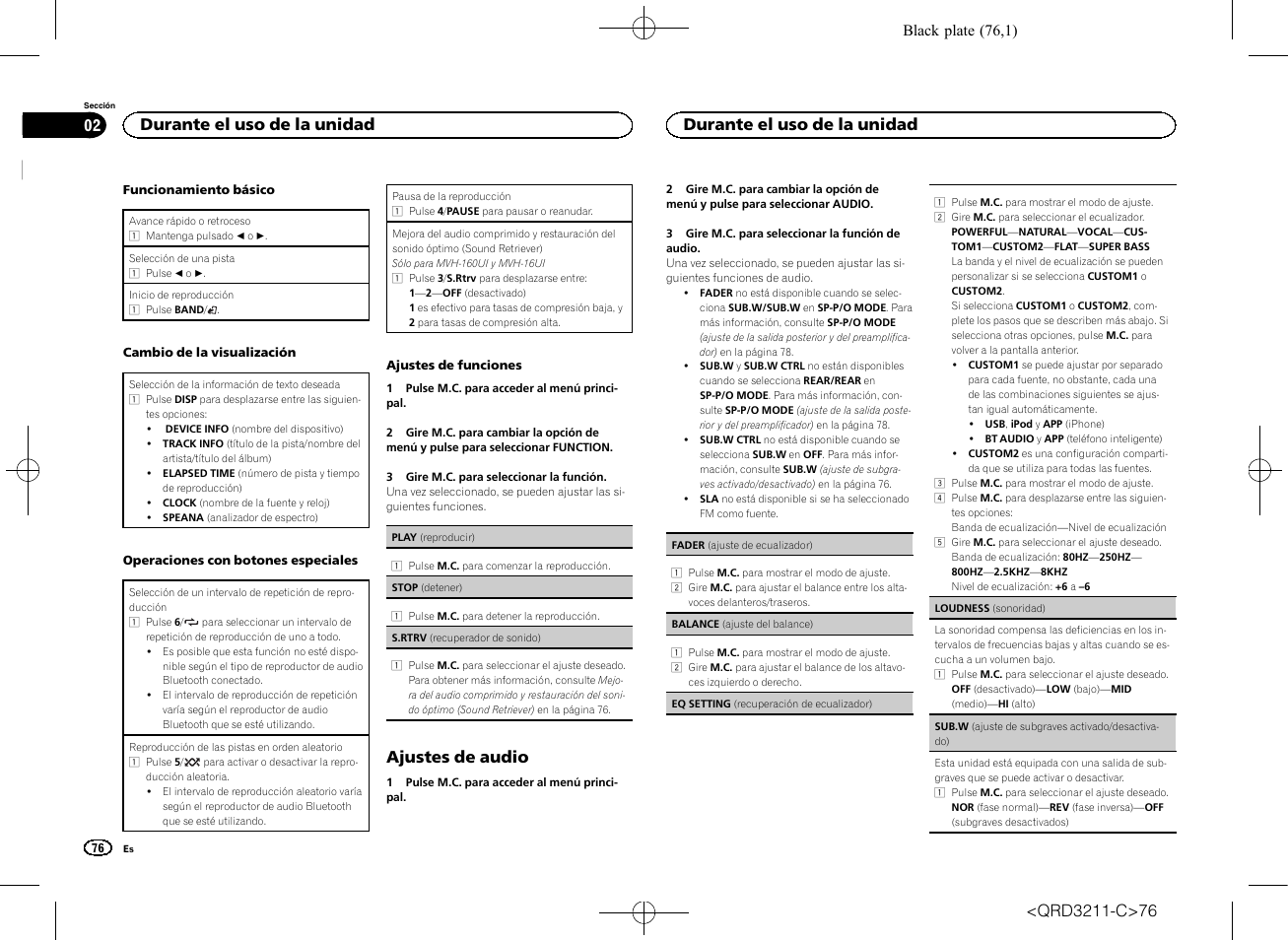 Ajustes de audio, Durante el uso de la unidad | Pioneer MVH-160UI User Manual | Page 76 / 156