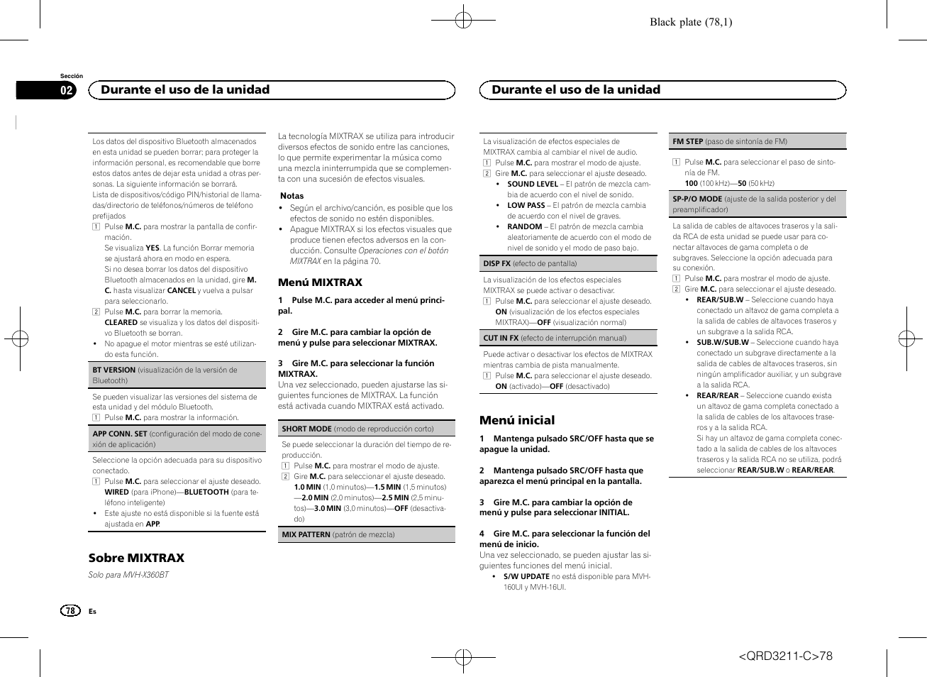 Sp-p/o mode, Sp-p/o mode (ajuste de la salida poste, Sobre mixtrax | Menú inicial, Durante el uso de la unidad | Pioneer MVH-160UI User Manual | Page 78 / 156