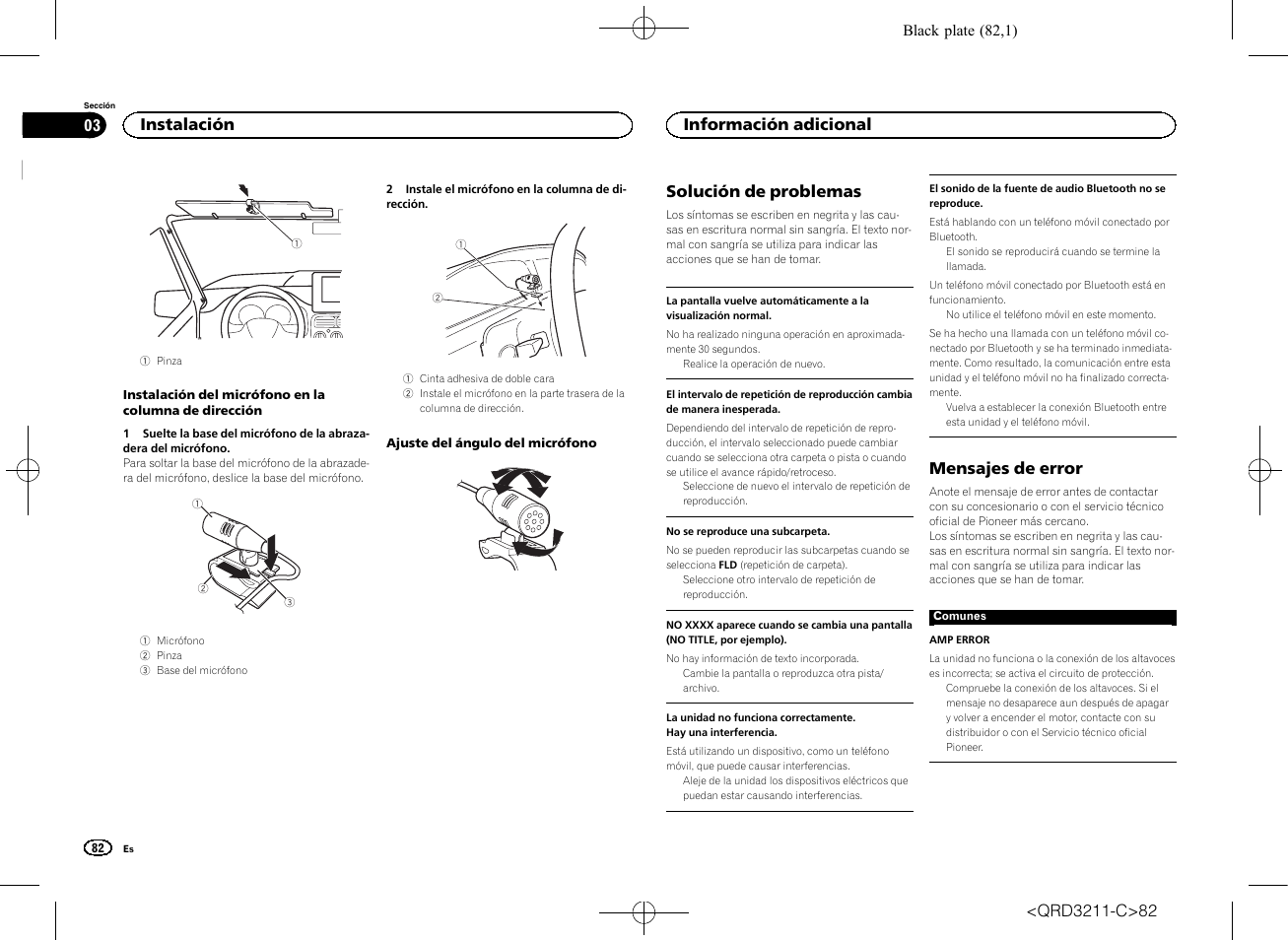 Solución de problemas, Mensajes de error, Instalación | Información adicional | Pioneer MVH-160UI User Manual | Page 82 / 156