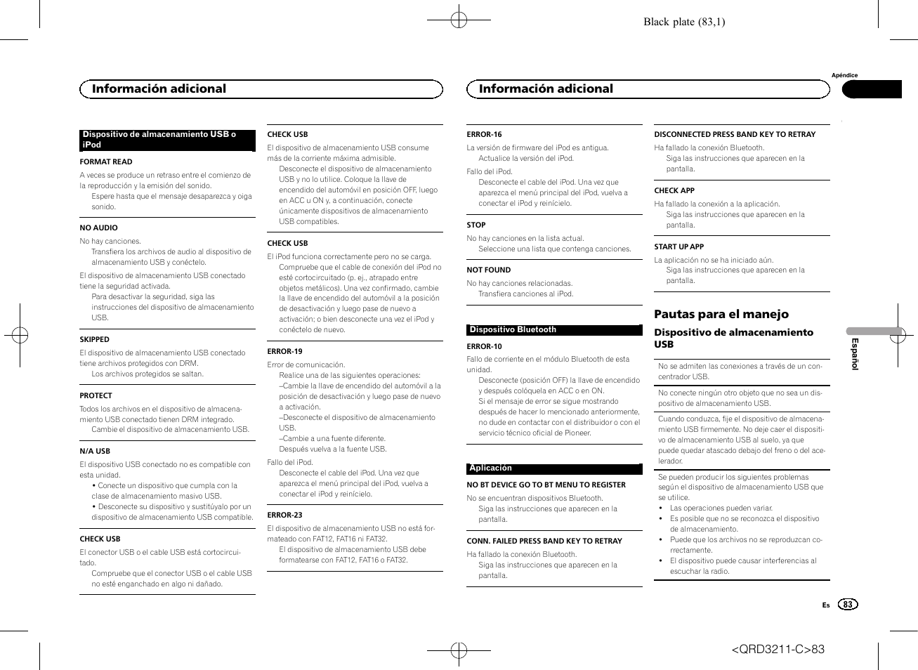 Pautas para el manejo, Información adicional | Pioneer MVH-160UI User Manual | Page 83 / 156
